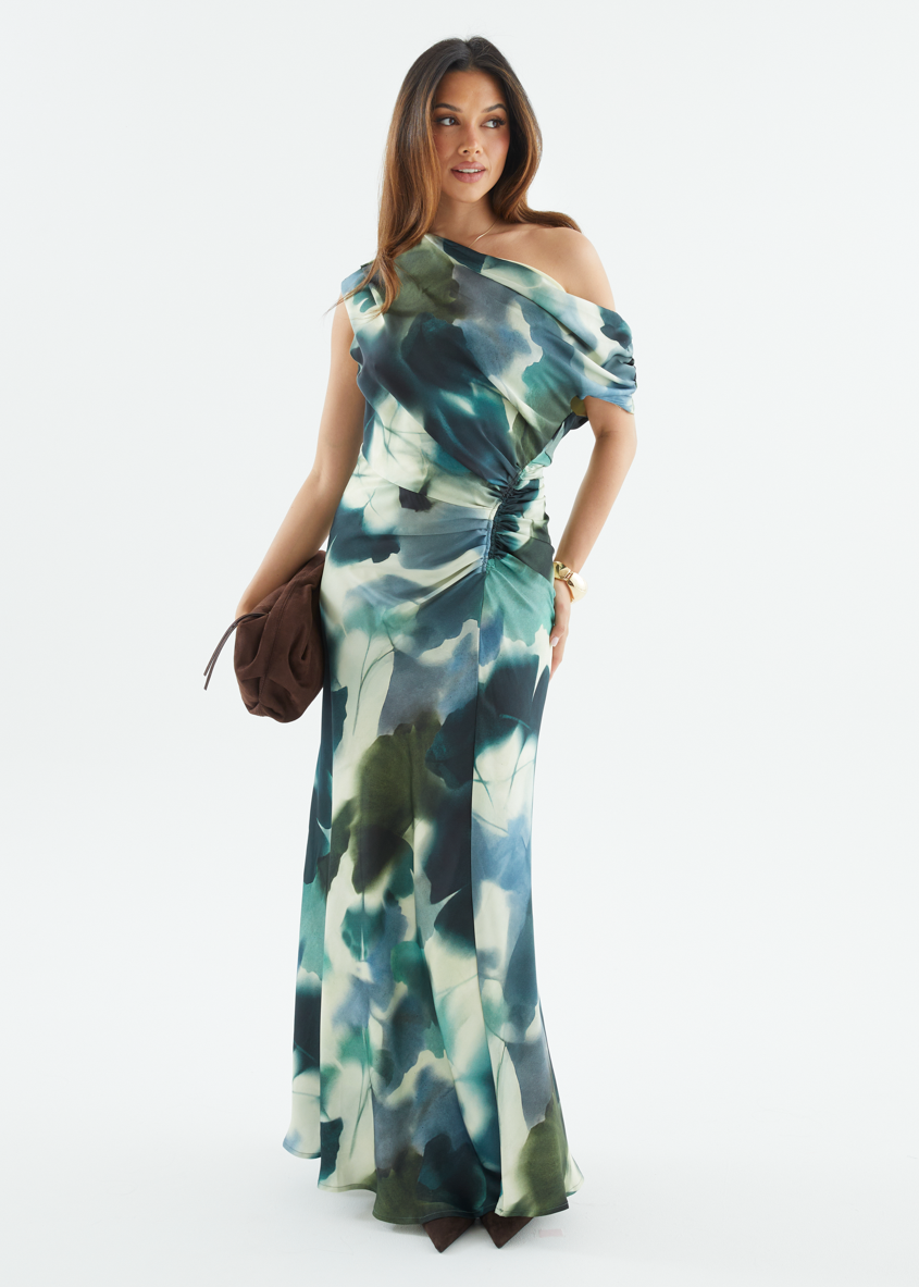 Flirtini One-Shoulder Maxi Dress Forest Abstract 3