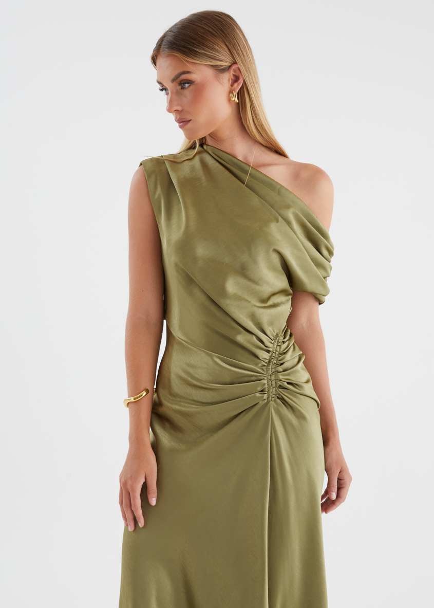 Flirtini One-Shoulder Maxi Dress Olive 2