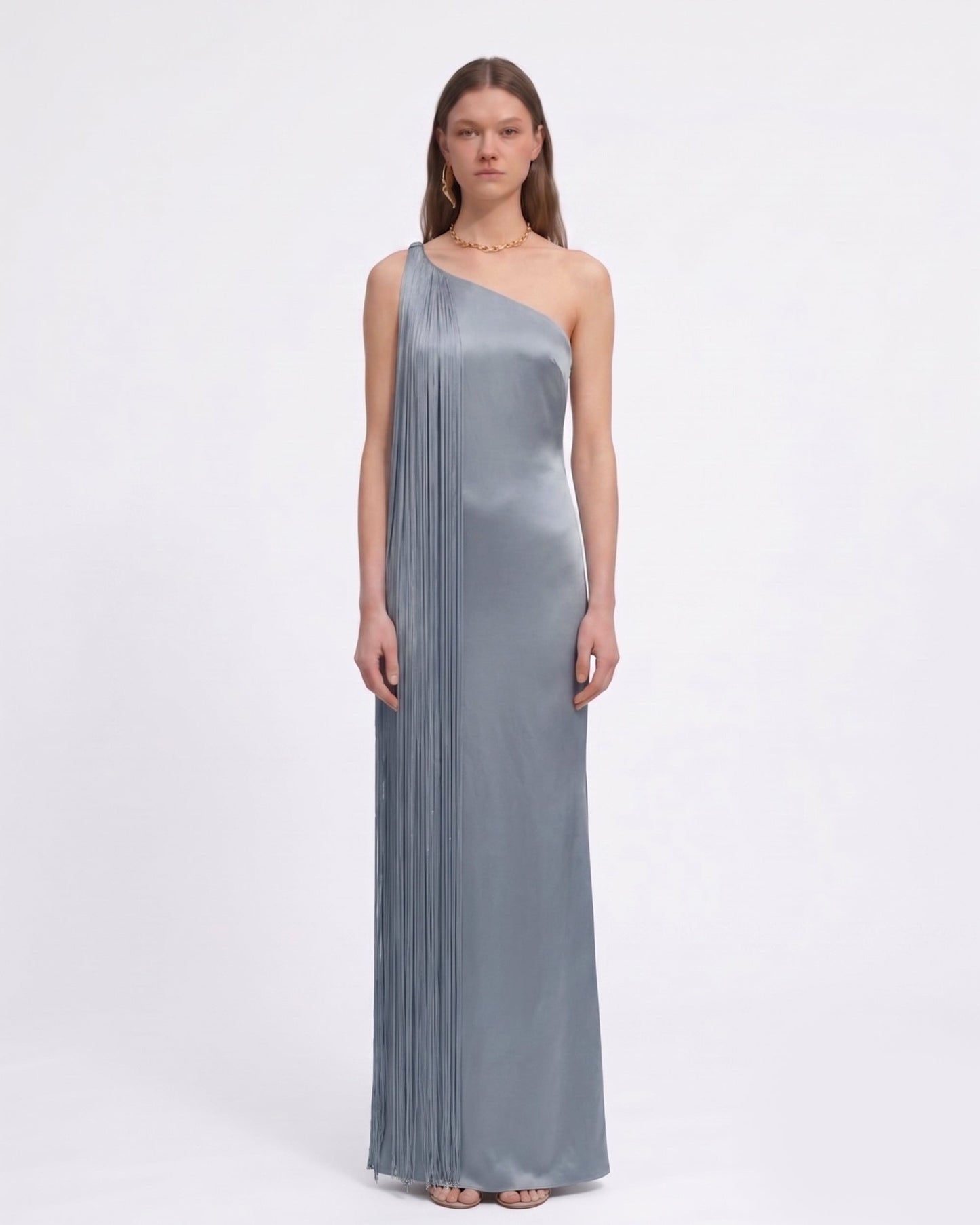 Isabelle One-Shoulder Fringe Maxi Dress Misty Blue 2