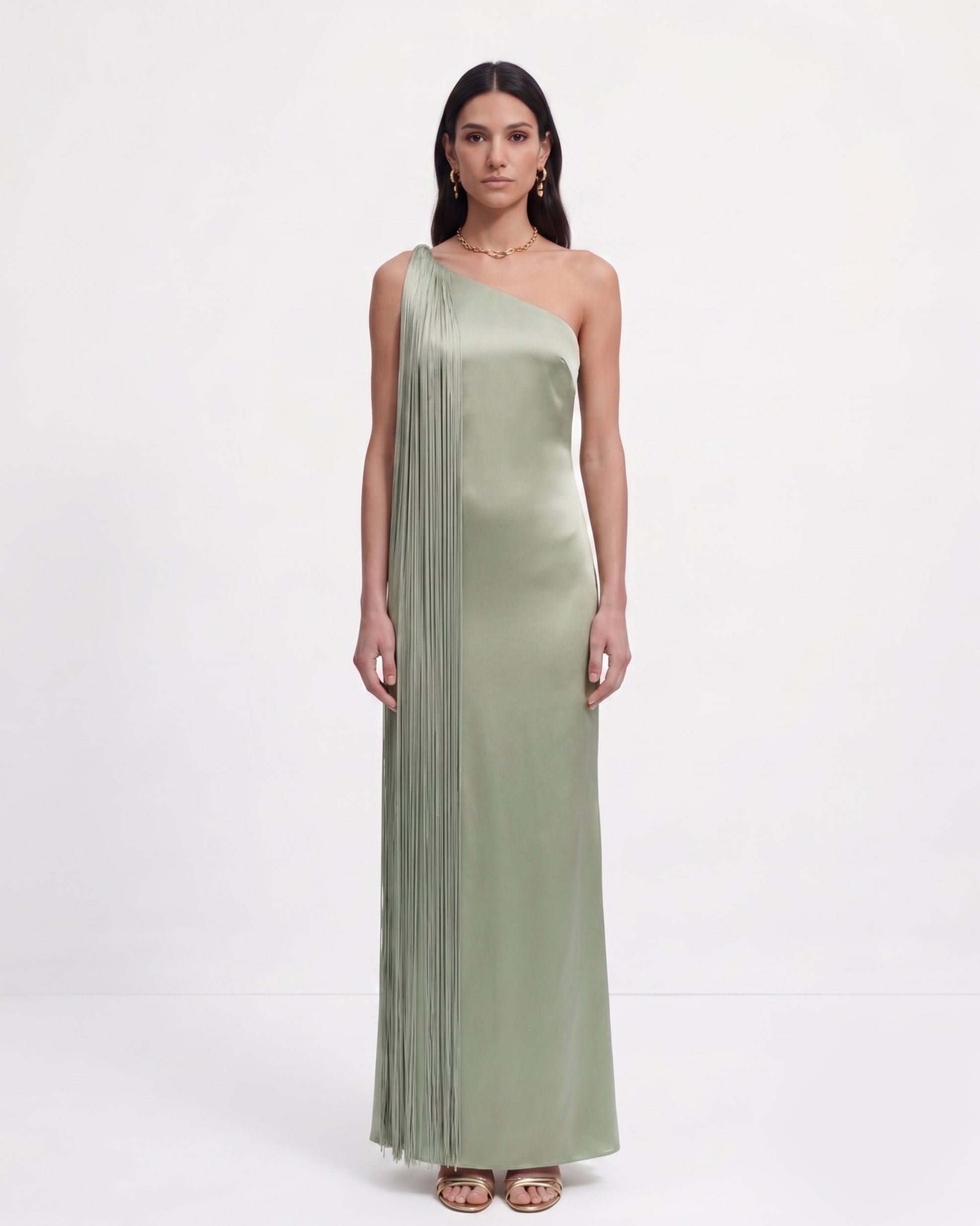 Isabelle One-Shoulder Fringe Maxi Dress Sage Green 2