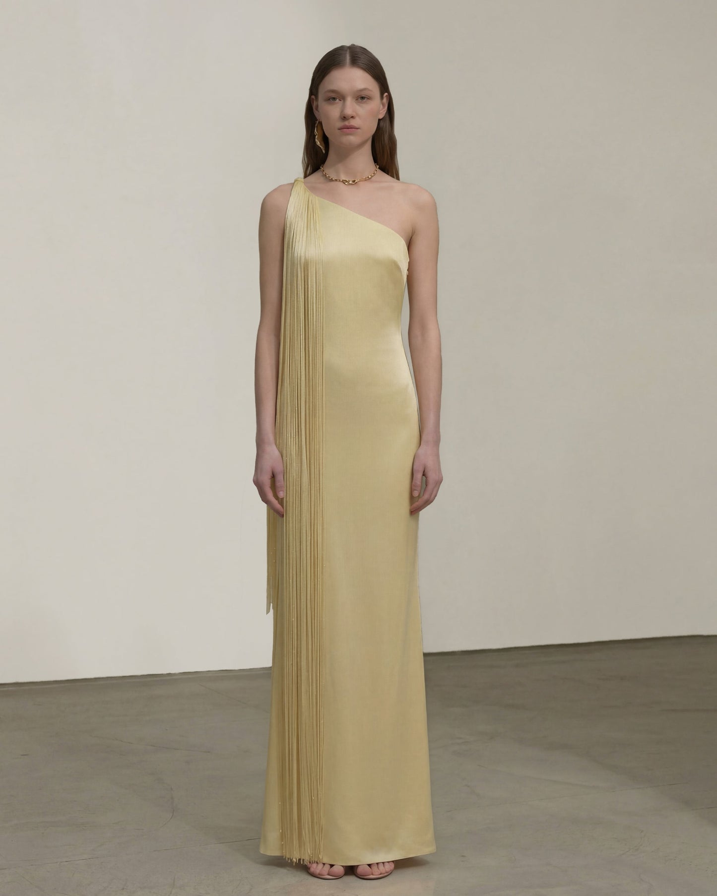 Isabelle One-Shoulder Fringe Maxi Dress Champagne 1