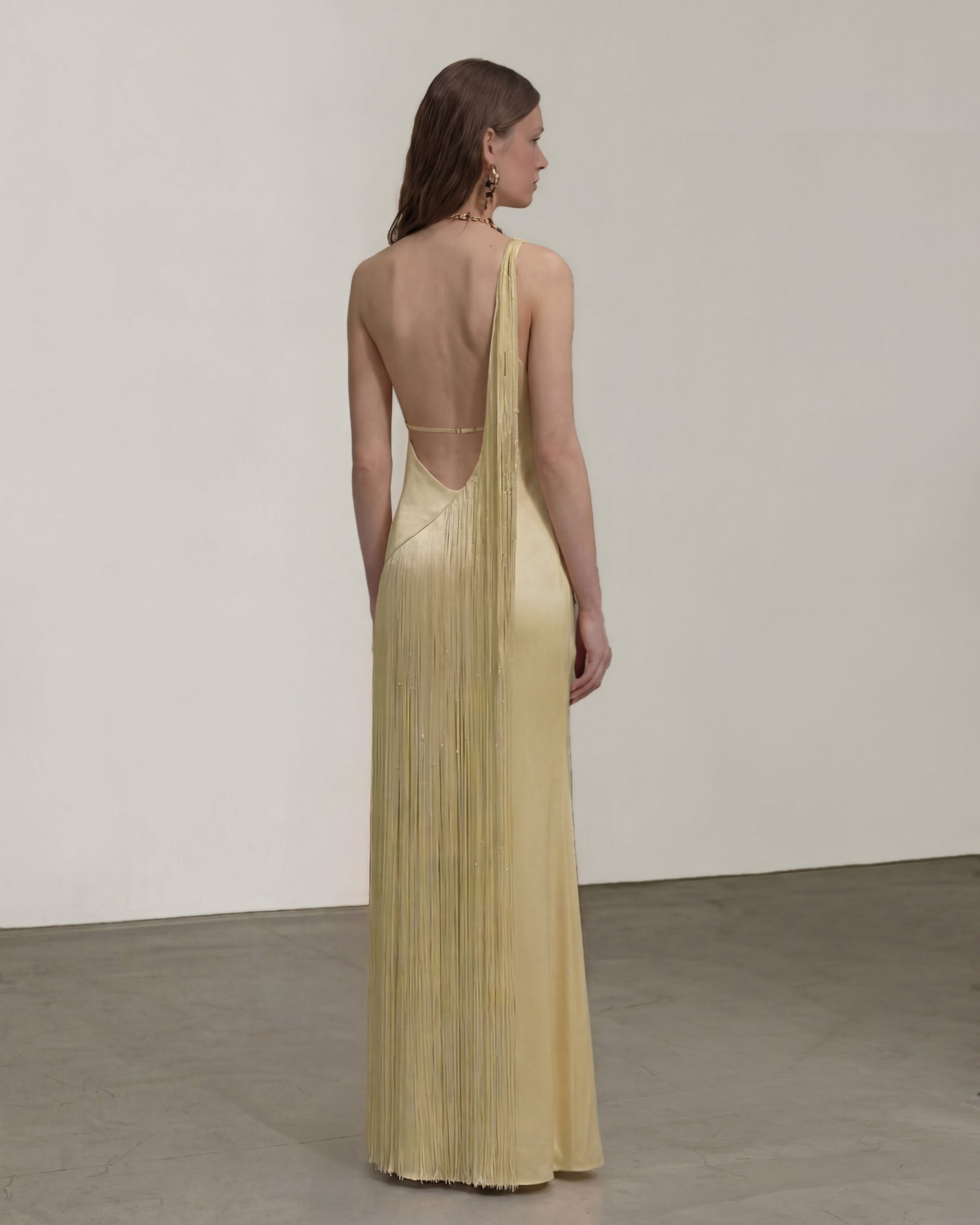 Isabelle One-Shoulder Fringe Maxi Dress Champagne 2