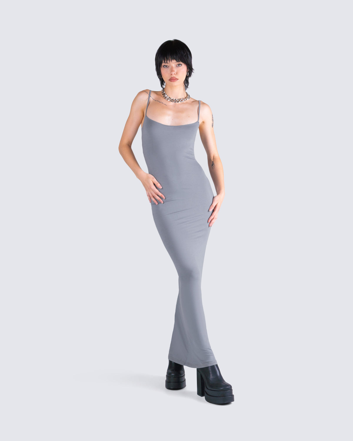 Margot Satin Bodycon Maxi Dress Grey 9