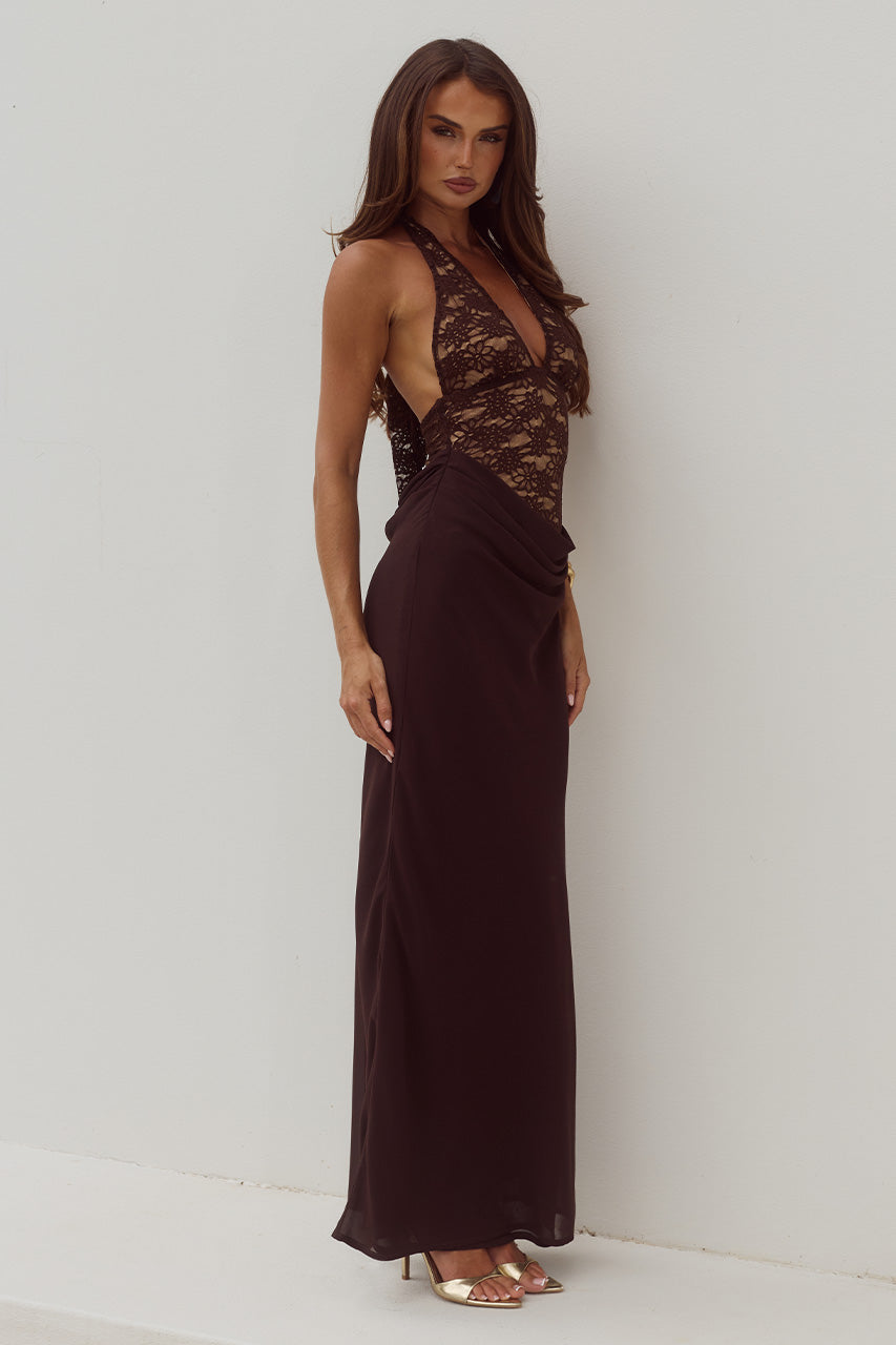 Lina Halter Draped Maxi Dress in Navy BITTER CHOCOLATE 3