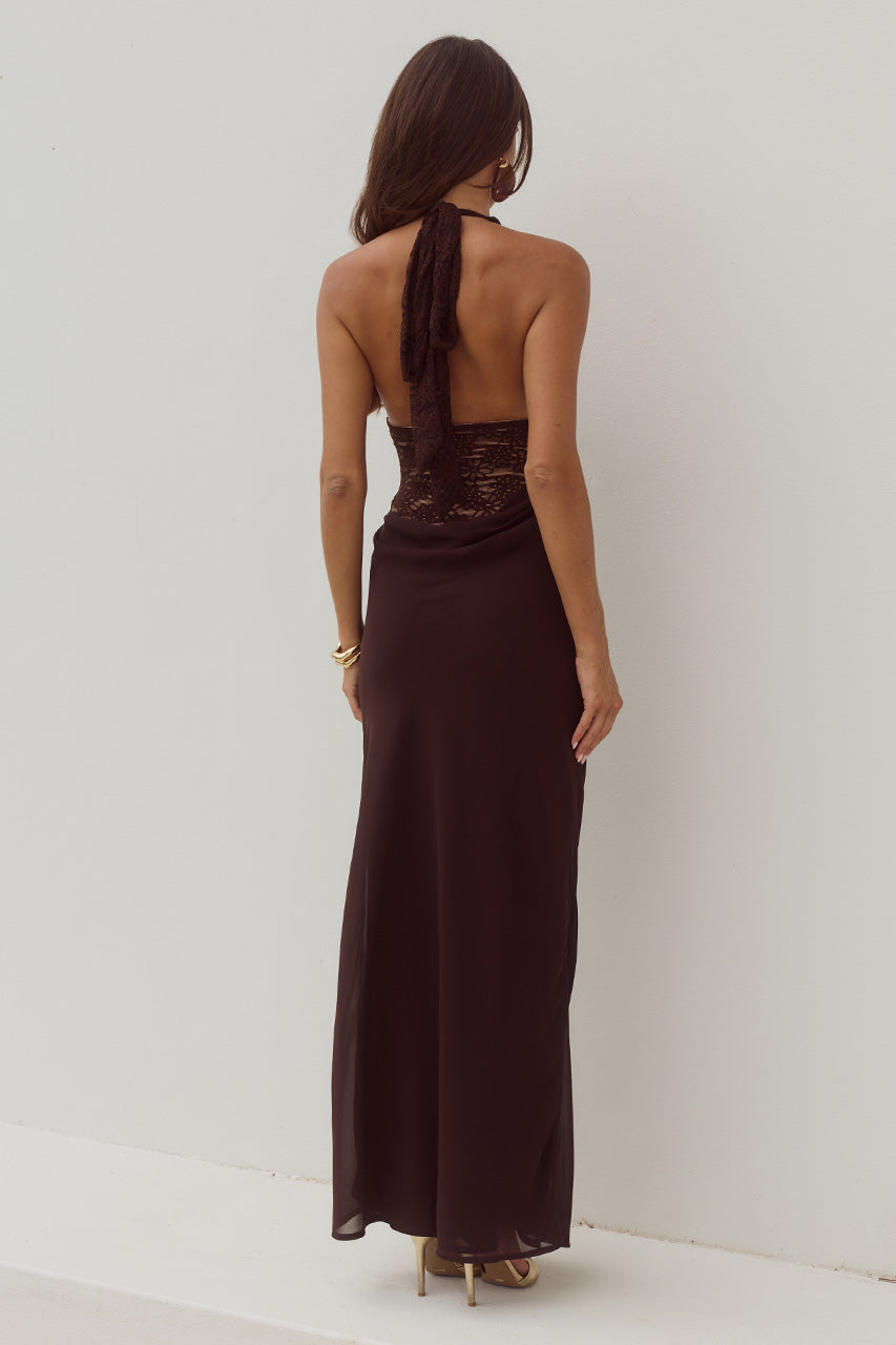 Lina Halter Draped Maxi Dress in Navy BITTER CHOCOLATE 2