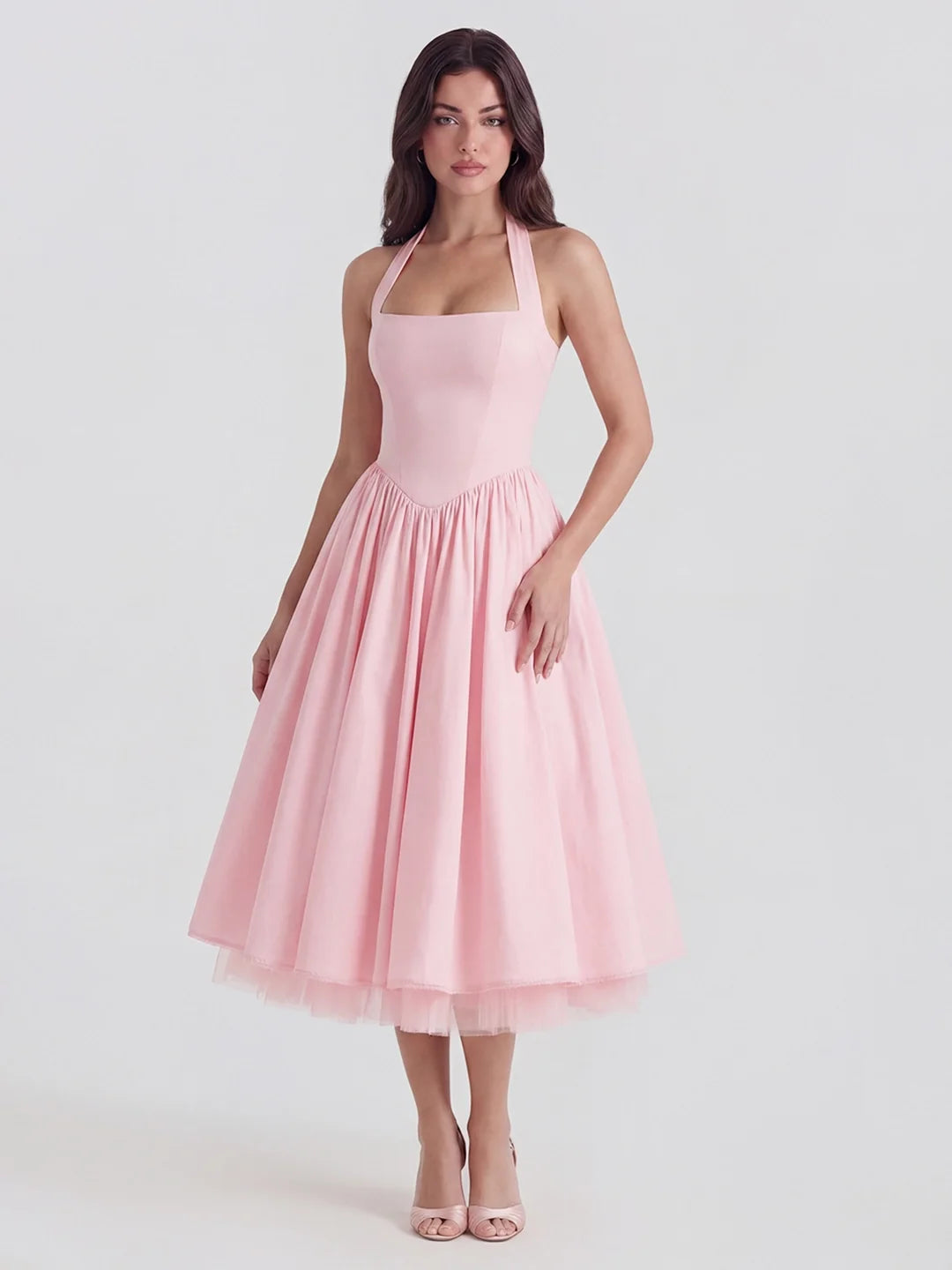 Celeste Lace-Up Halter Midi Dress Lemon 3