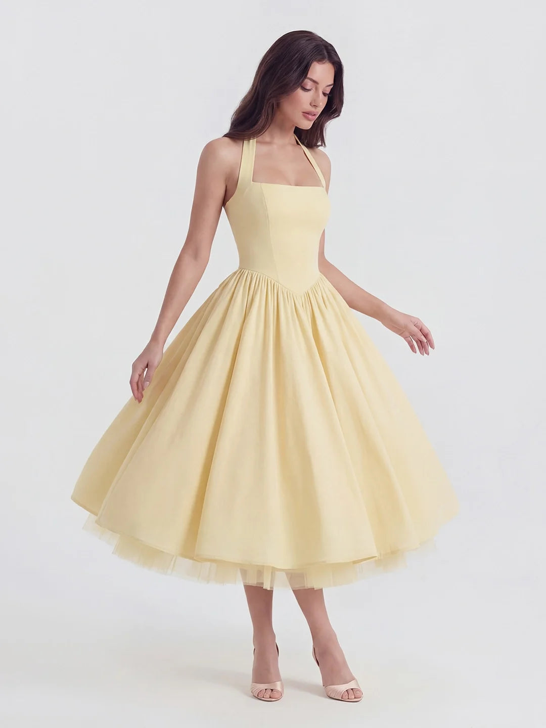 Celeste Lace-Up Halter Midi Dress Lemon 9
