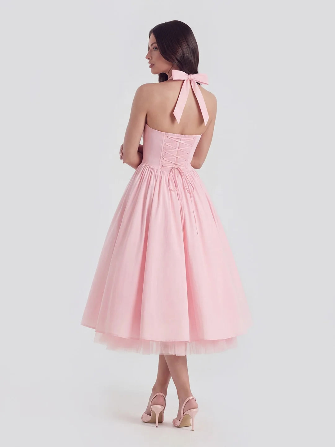 Celeste Lace-Up Halter Midi Dress Lemon 4