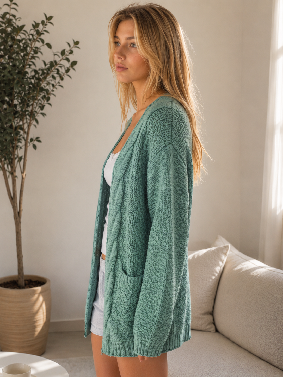 Margot Open-Front Cable Knit Cardigan TWIG 4