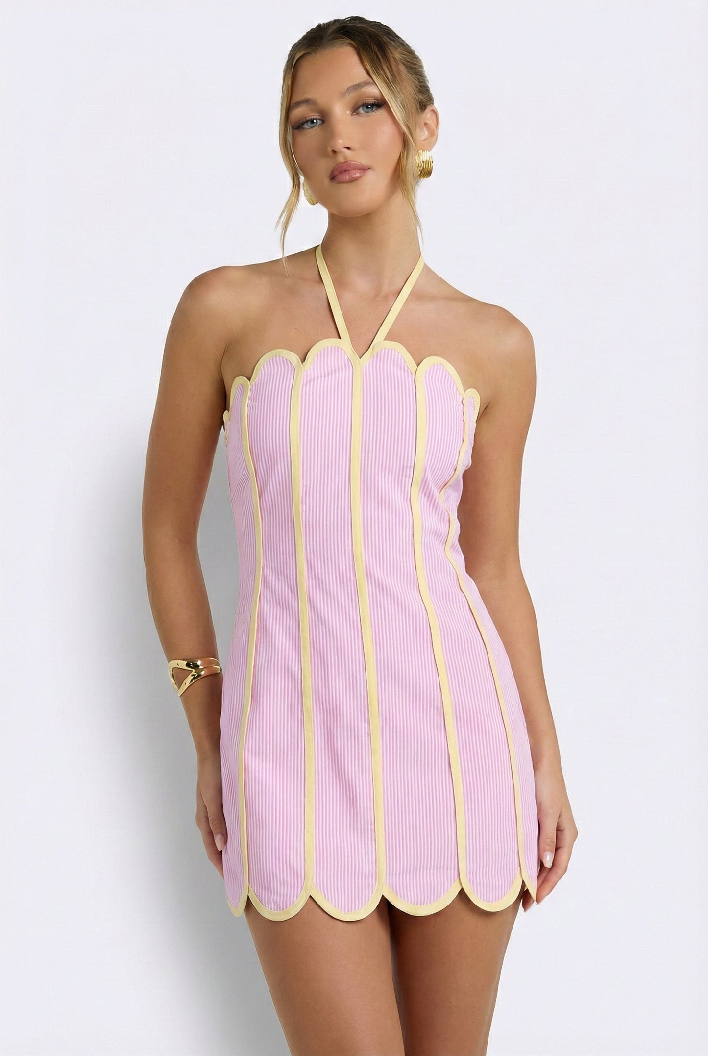 Lenny Scalloped Linen Halter Mini Dress Pink 2