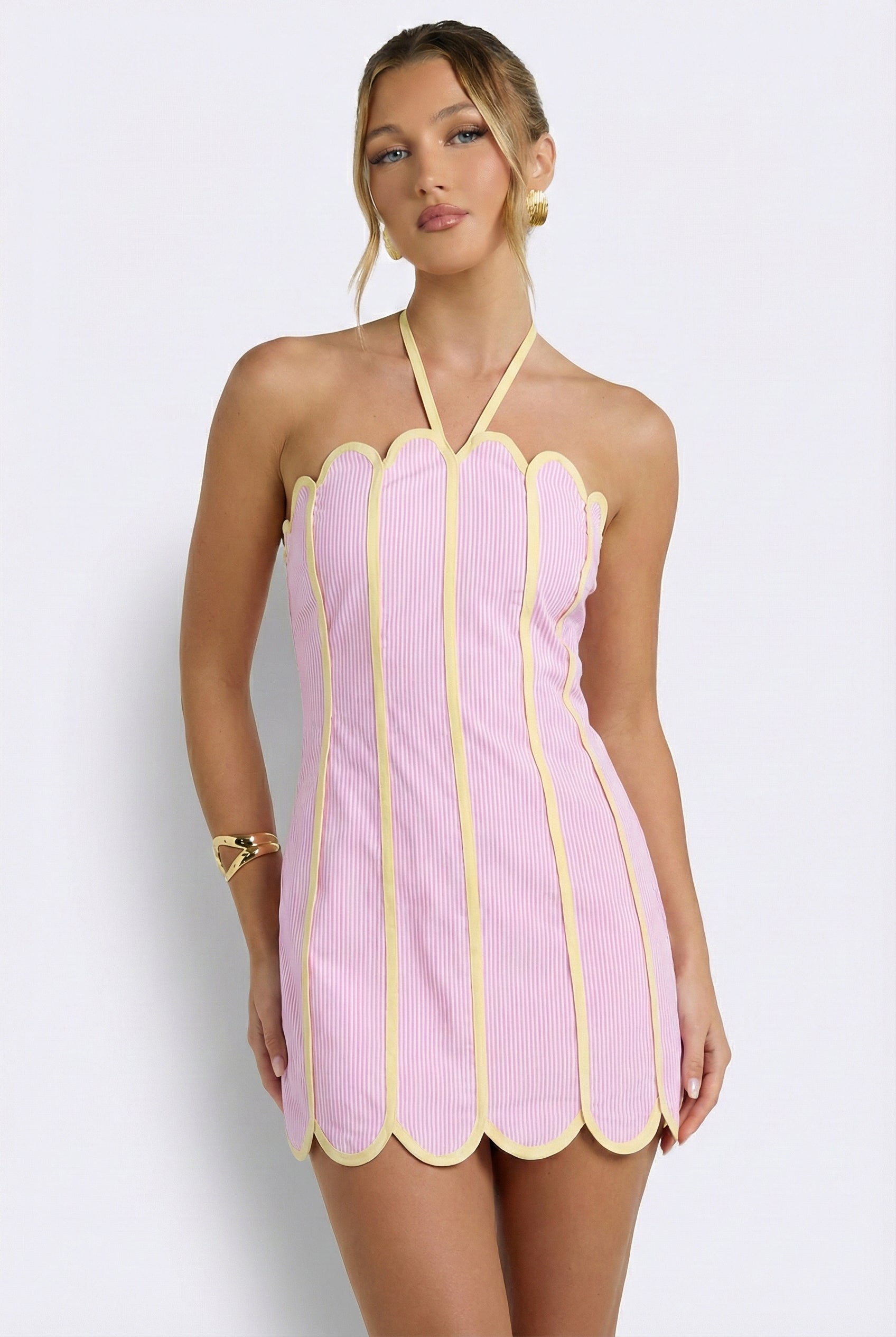 Lenny Scalloped Linen Halter Mini Dress Pink 2