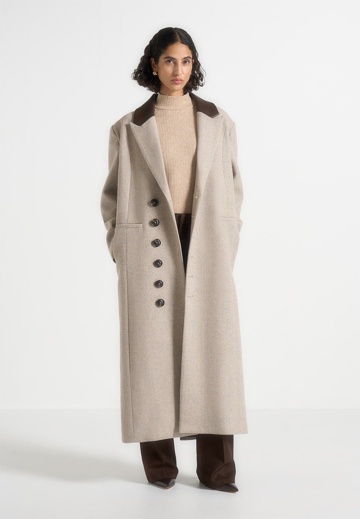 Anissa Herringbone Wool Coat Beige 5