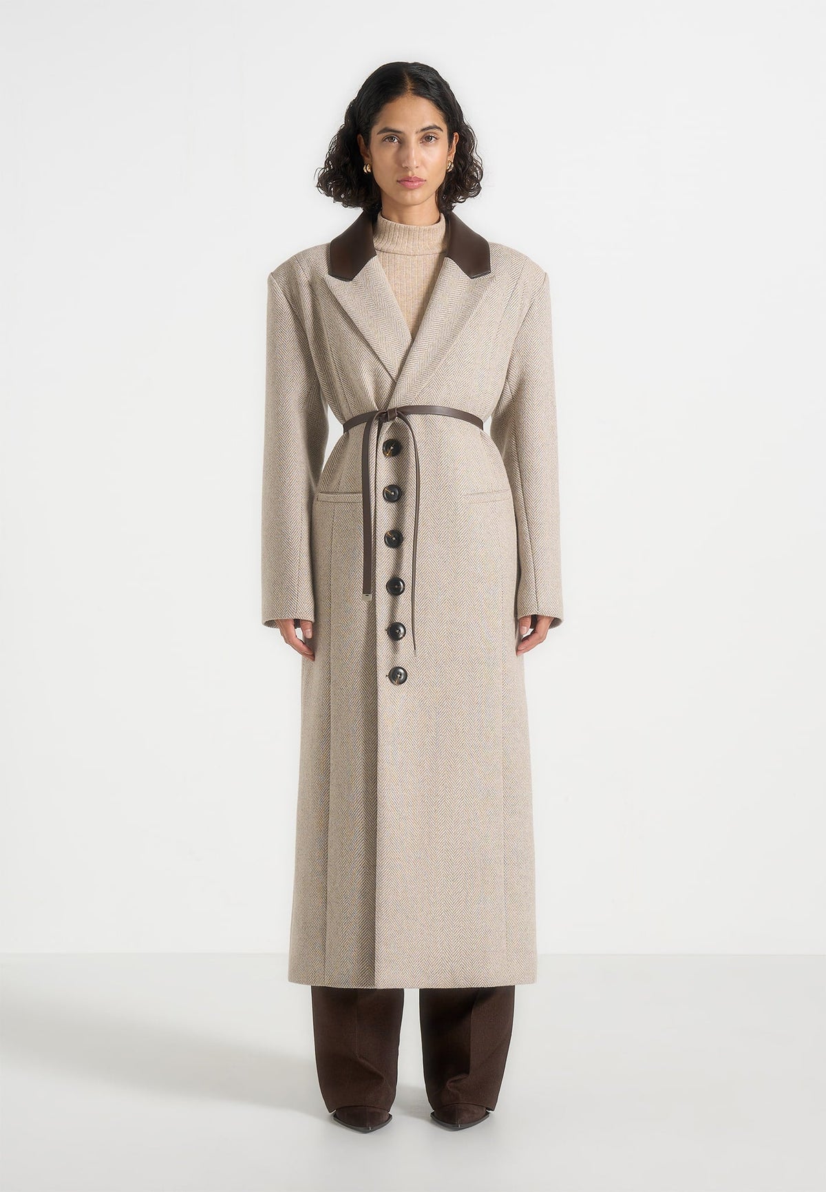 Anissa Herringbone Wool Coat Beige 2