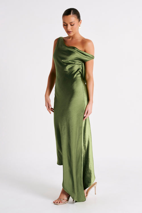 Yvette Asymmetrical Slip Maxi Dress in Emerald Emerald 1