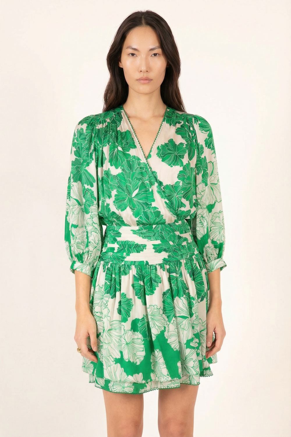Colleen Jacquard Mini Dress Green Flower Bunch 1