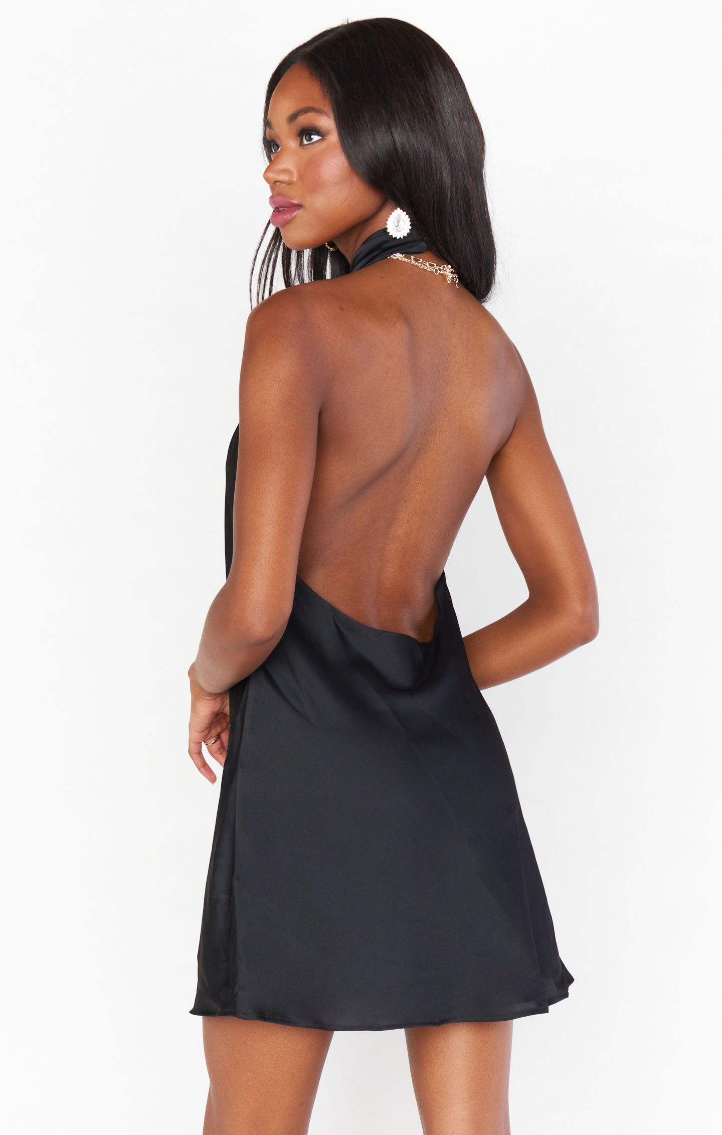 Jasmine Halter Mini Dress in Black Luxe Satin 2