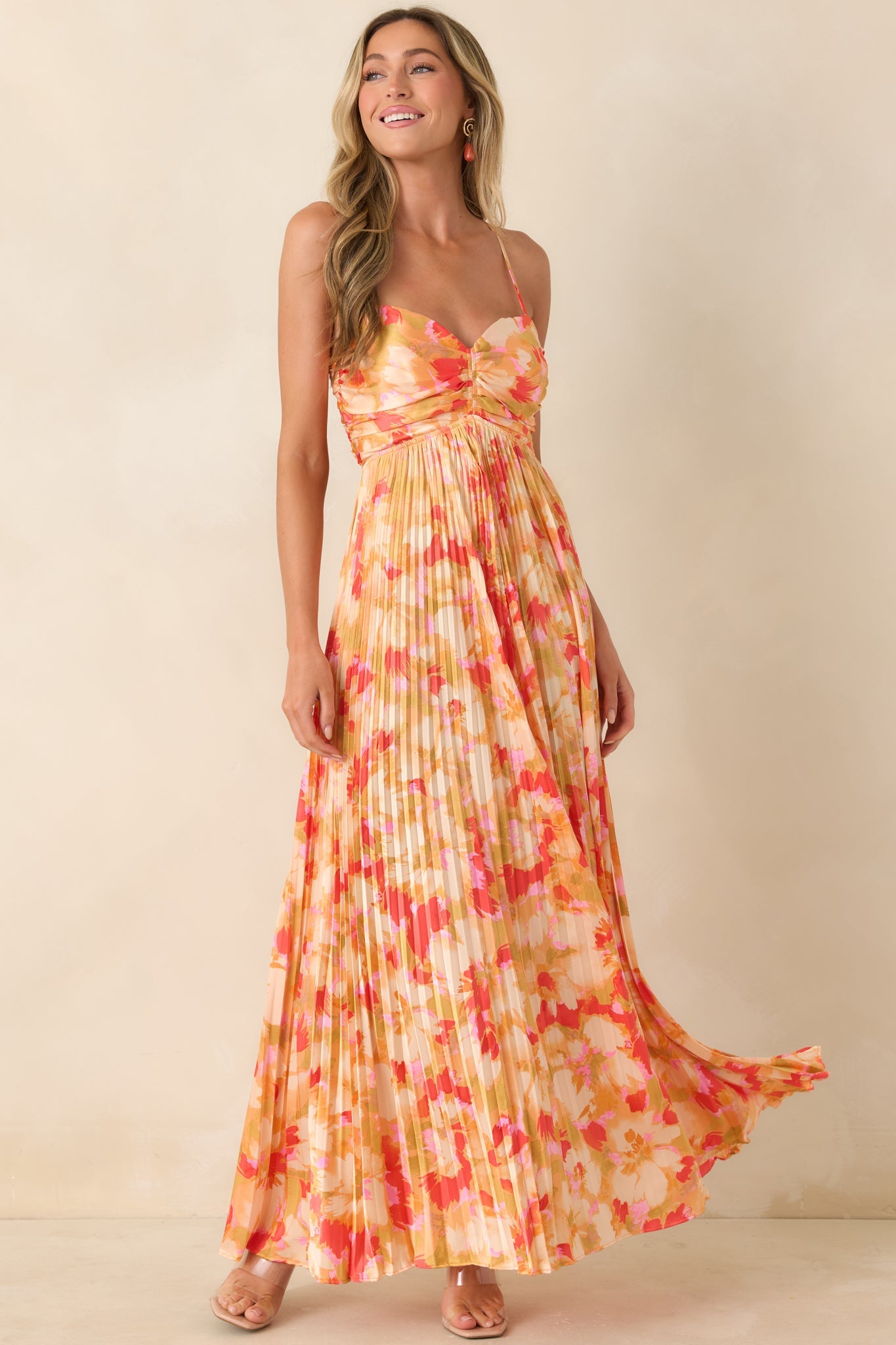 Arabella Painted Satin Maxi Dress Sunshine Peach & Red Multi Satin Finish Pleated Maxi Dress 7