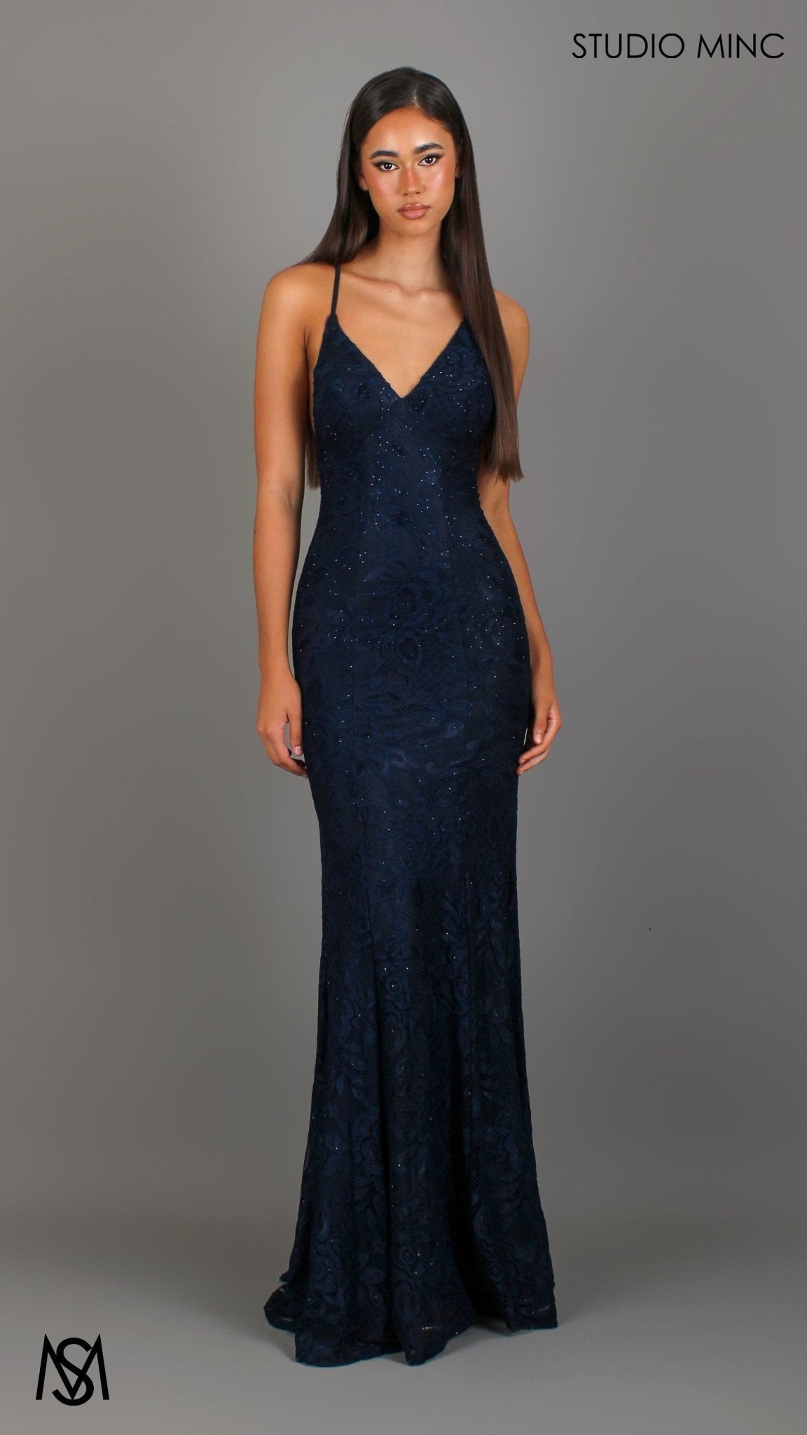 Jasmine Lace Mermaid Dress Navy Blue formal dress | lace V neckline fitted mermaid lace up 3