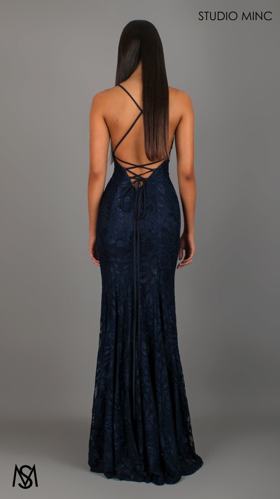 Jasmine Lace Mermaid Dress Navy Blue formal dress | lace V neckline fitted mermaid lace up 2