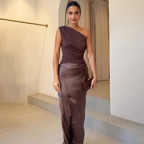 Isolde One-Shoulder Evening Dress Dark Brown 1