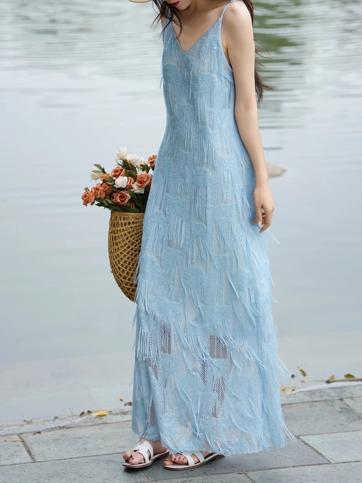 Celeste French Fringe Slip Maxi Dress Elegant Tassel Textured Camisole Dress 6