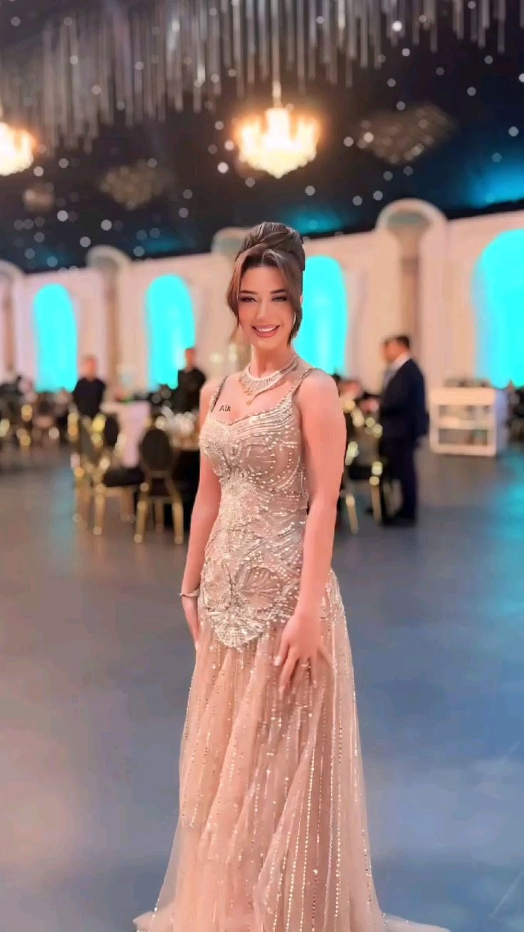 Evangeline Beaded Tulle Mermaid Gown As Photo(Champagne) 7