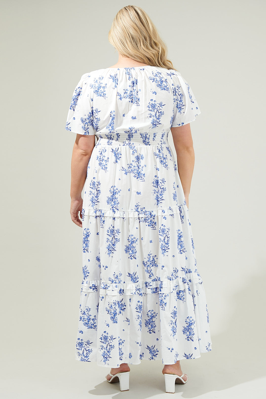Bestia Floral Poplin Tiered Maxi Dress CREAM-BLUE 2