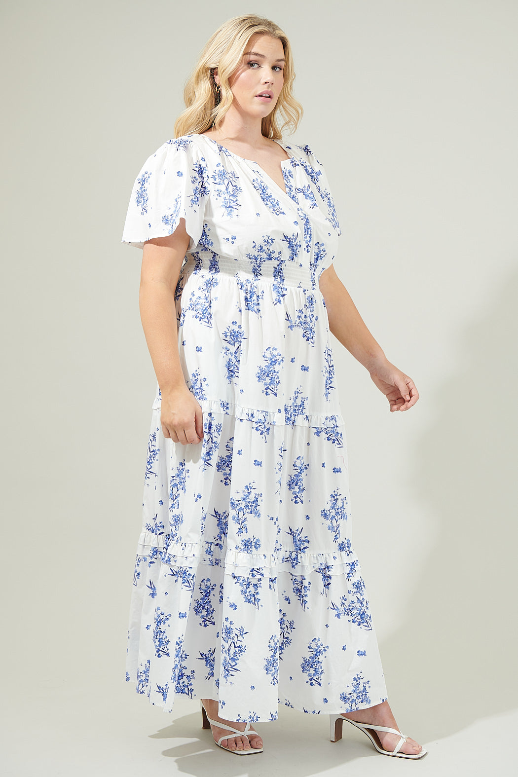 Bestia Floral Poplin Tiered Maxi Dress CREAM-BLUE 3