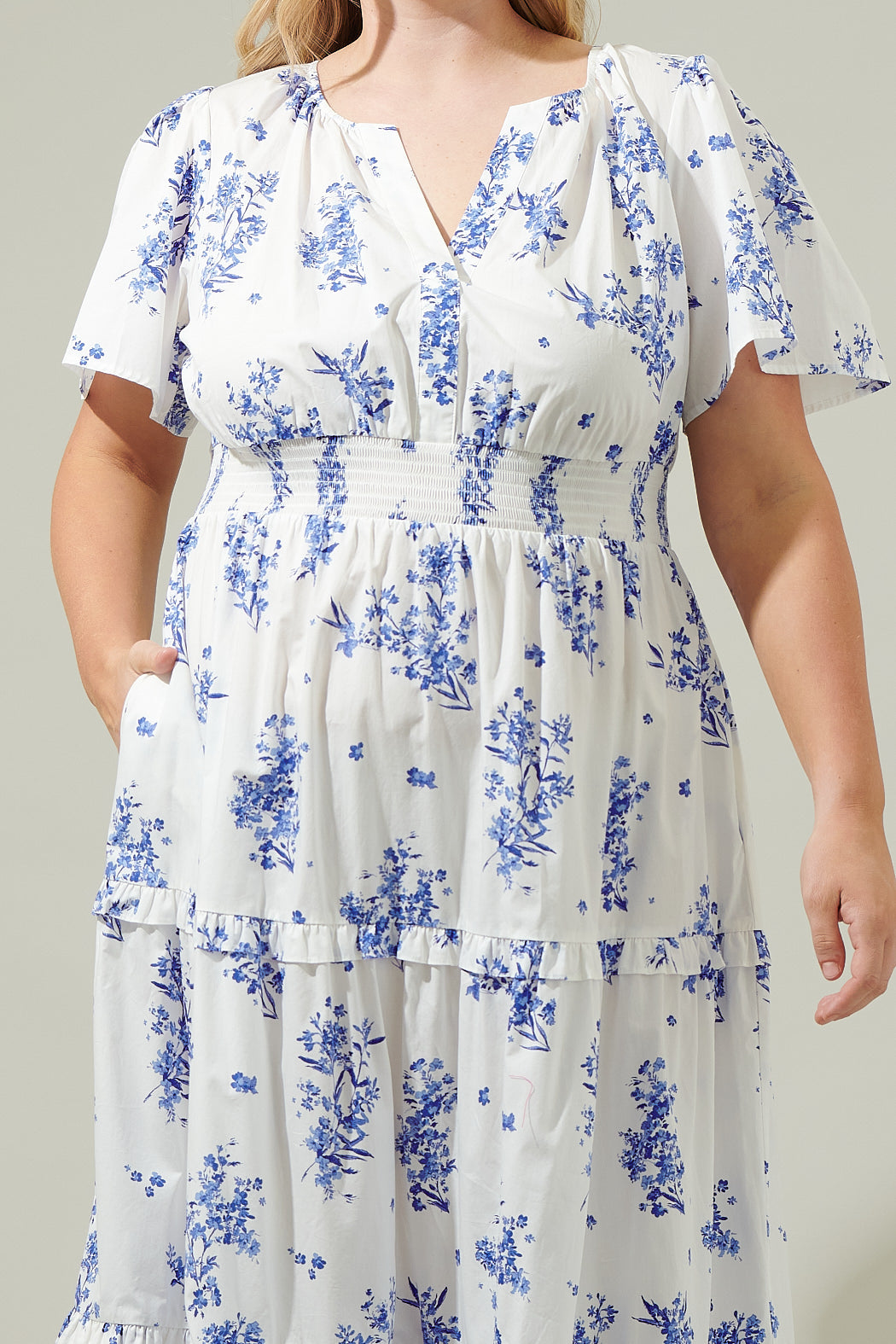 Bestia Floral Poplin Tiered Maxi Dress CREAM-BLUE 4