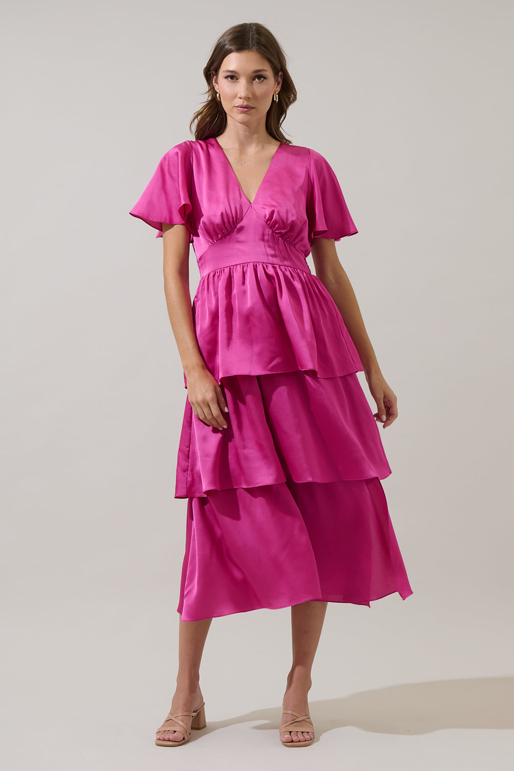 Mendice Satin Tiered Midi Dress BLACK 2