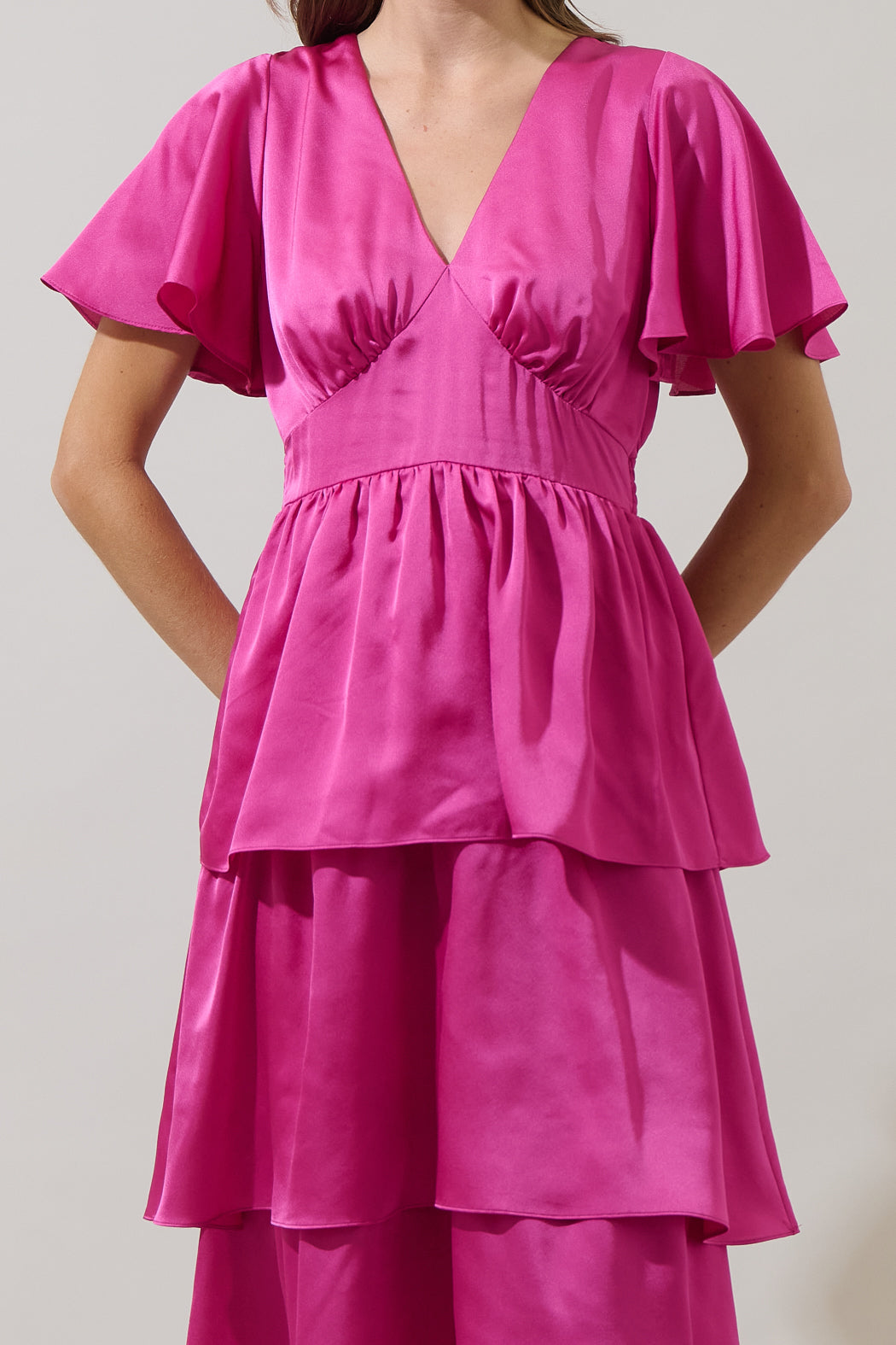 Mendice Satin Tiered Midi Dress MAGENTA 5