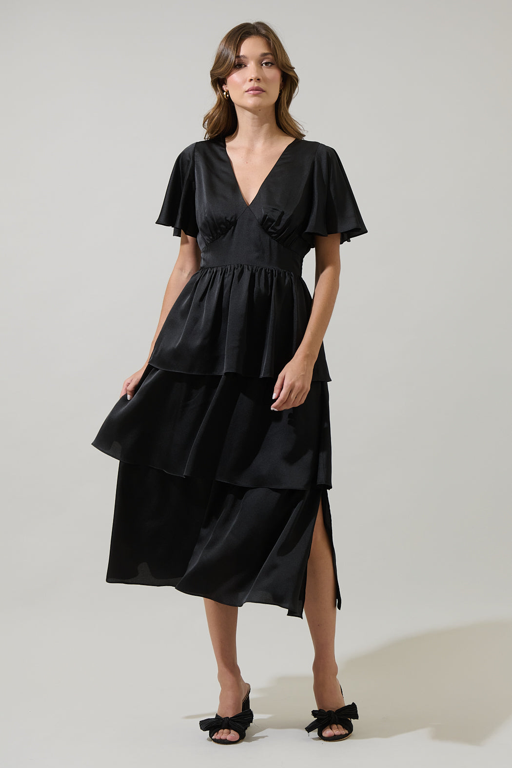 Mendice Satin Tiered Midi Dress BLACK 6