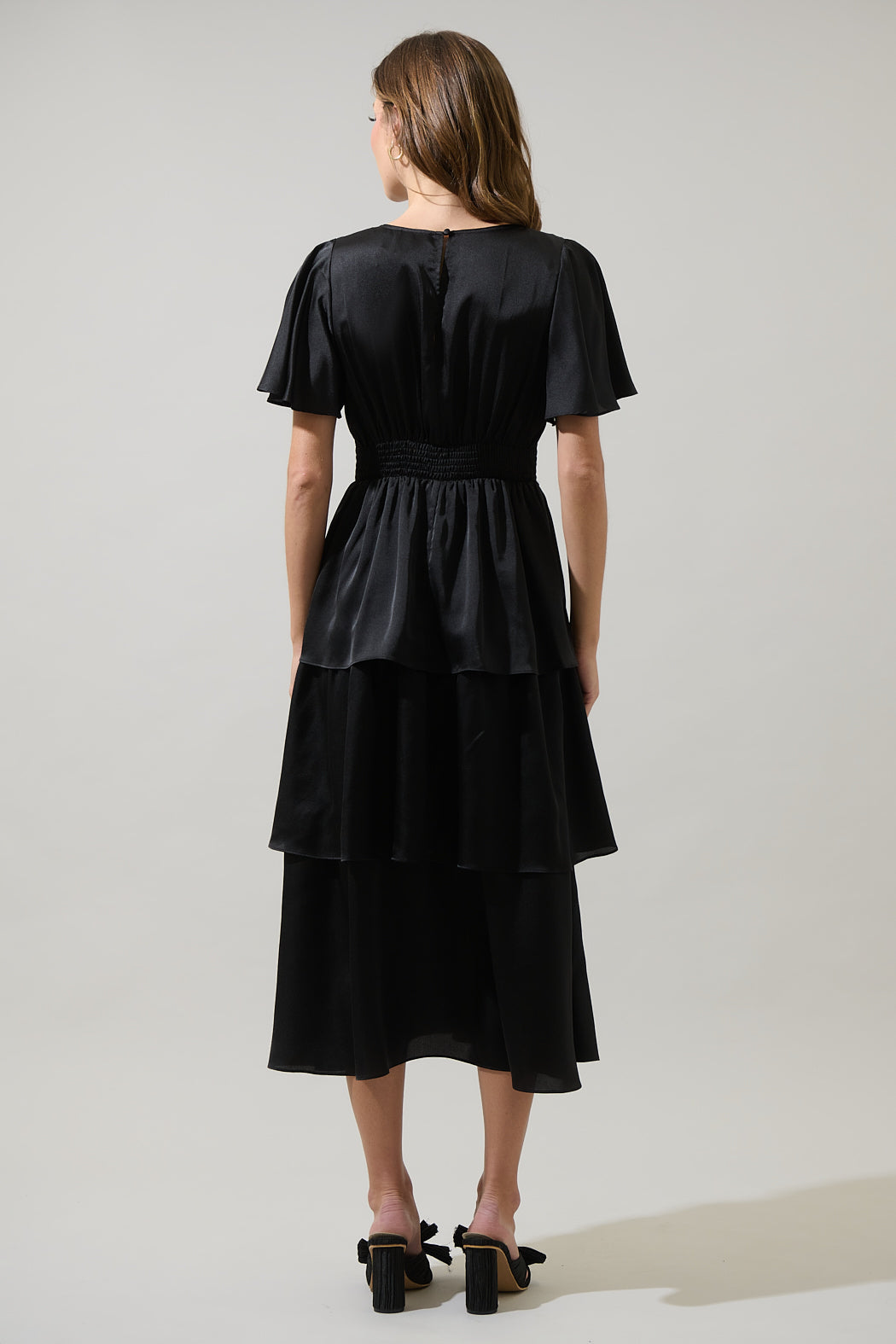 Mendice Satin Tiered Midi Dress BLACK 7