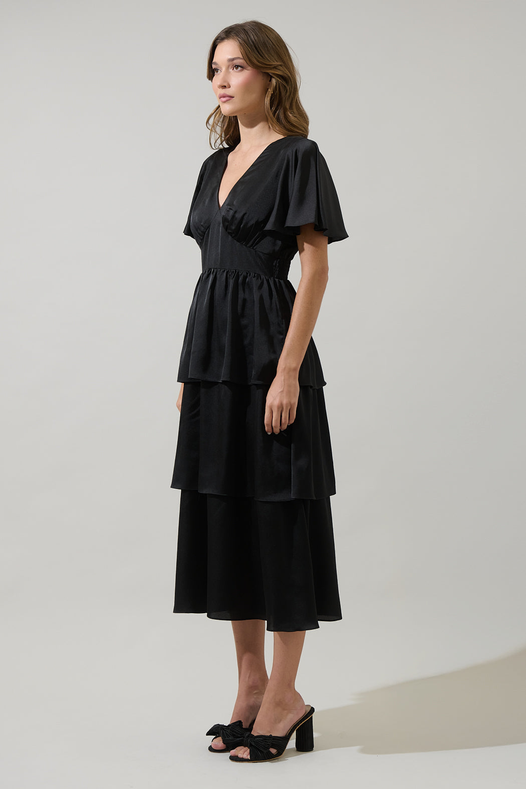 Mendice Satin Tiered Midi Dress BLACK 8
