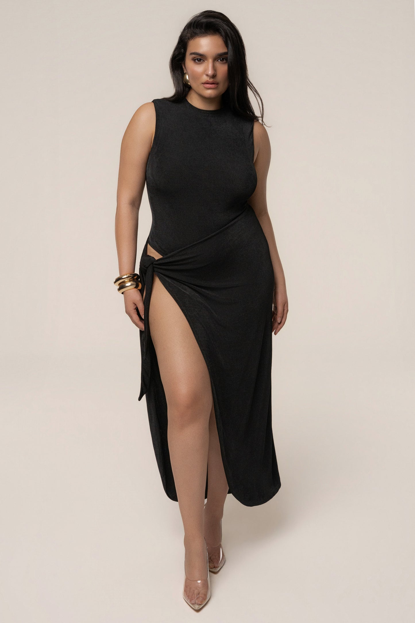 Aubree Satin Midi Dress in Black 9
