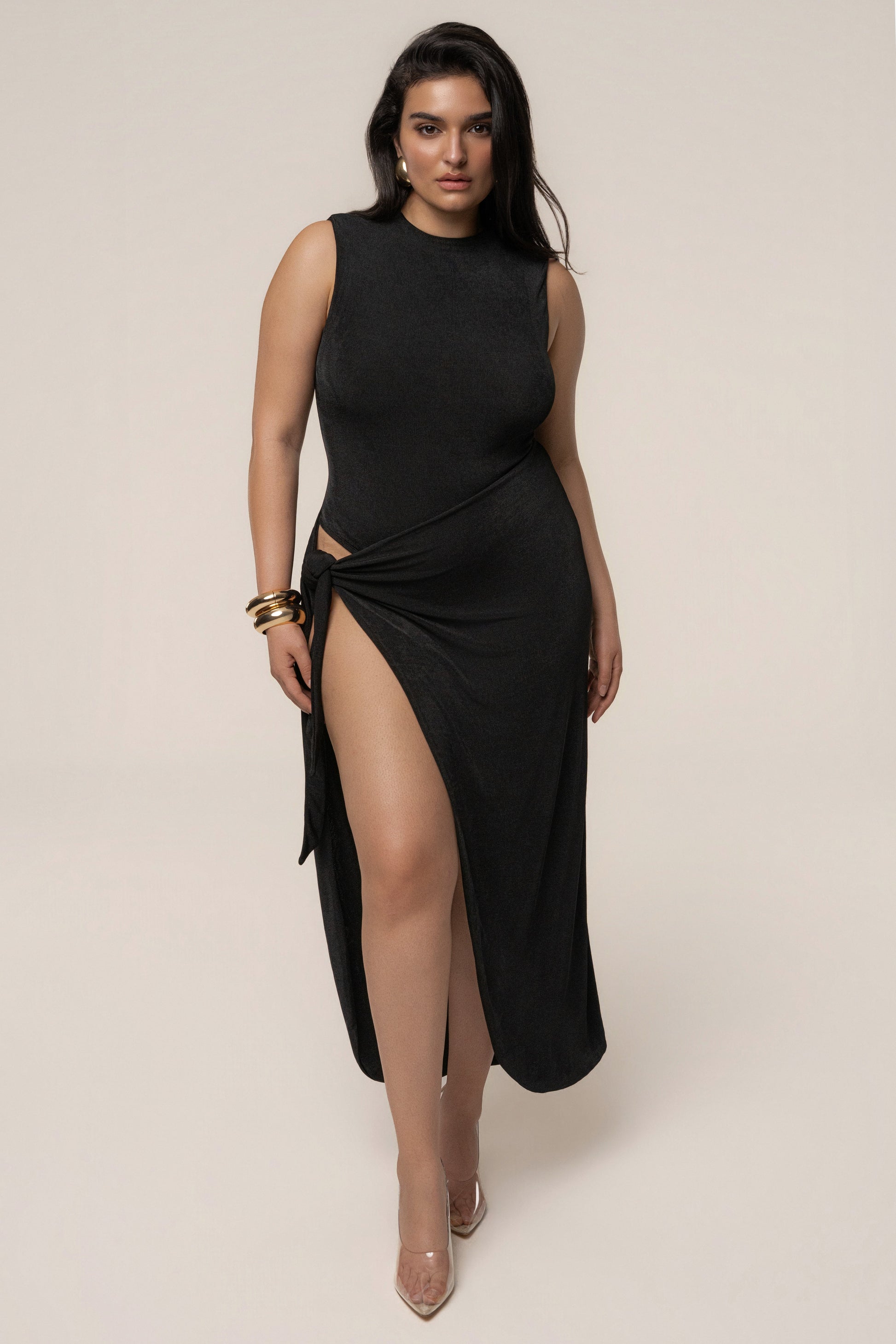 Aubree Satin Midi Dress in Black 9