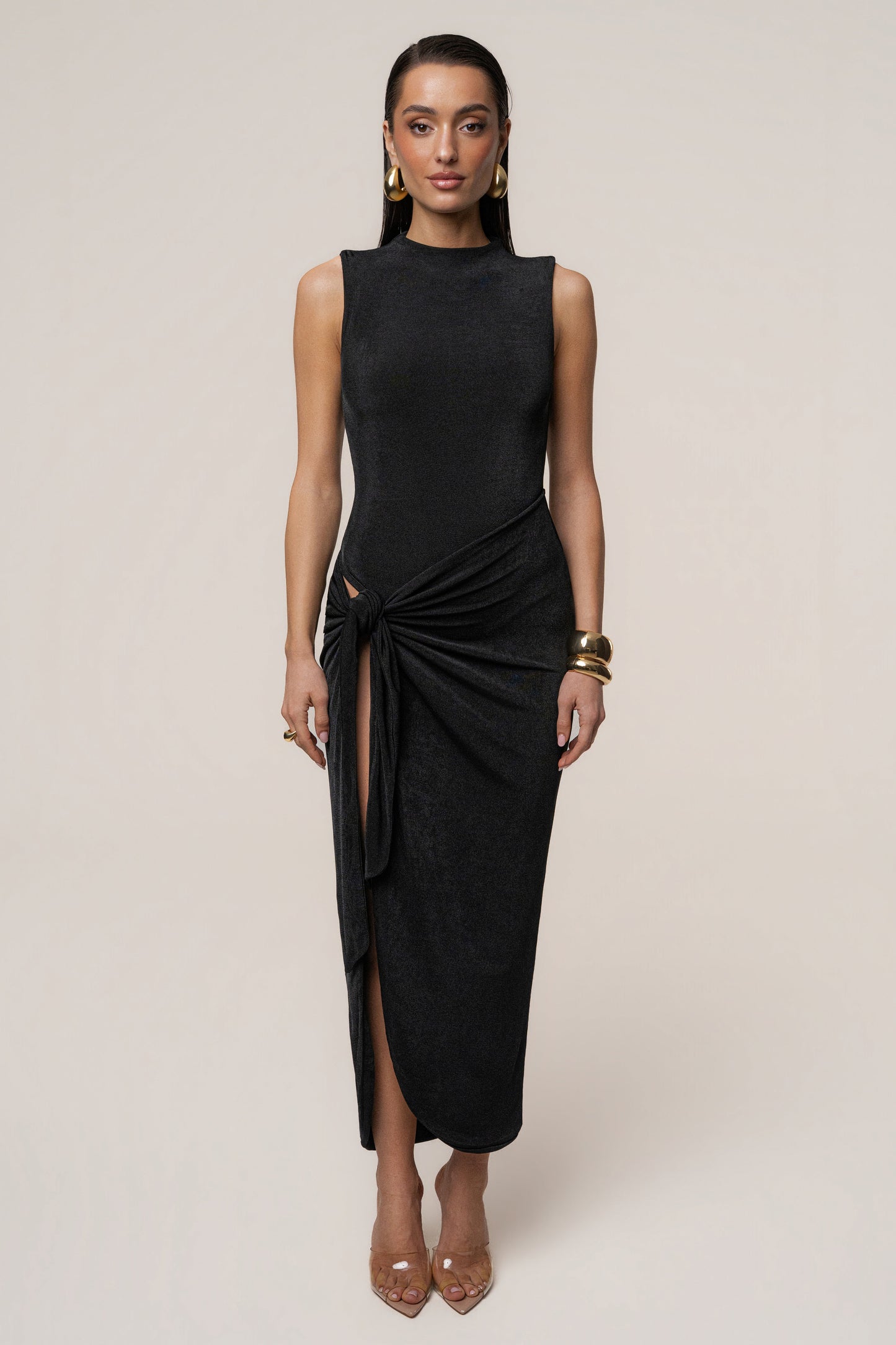 Aubree Satin Midi Dress in Black 2