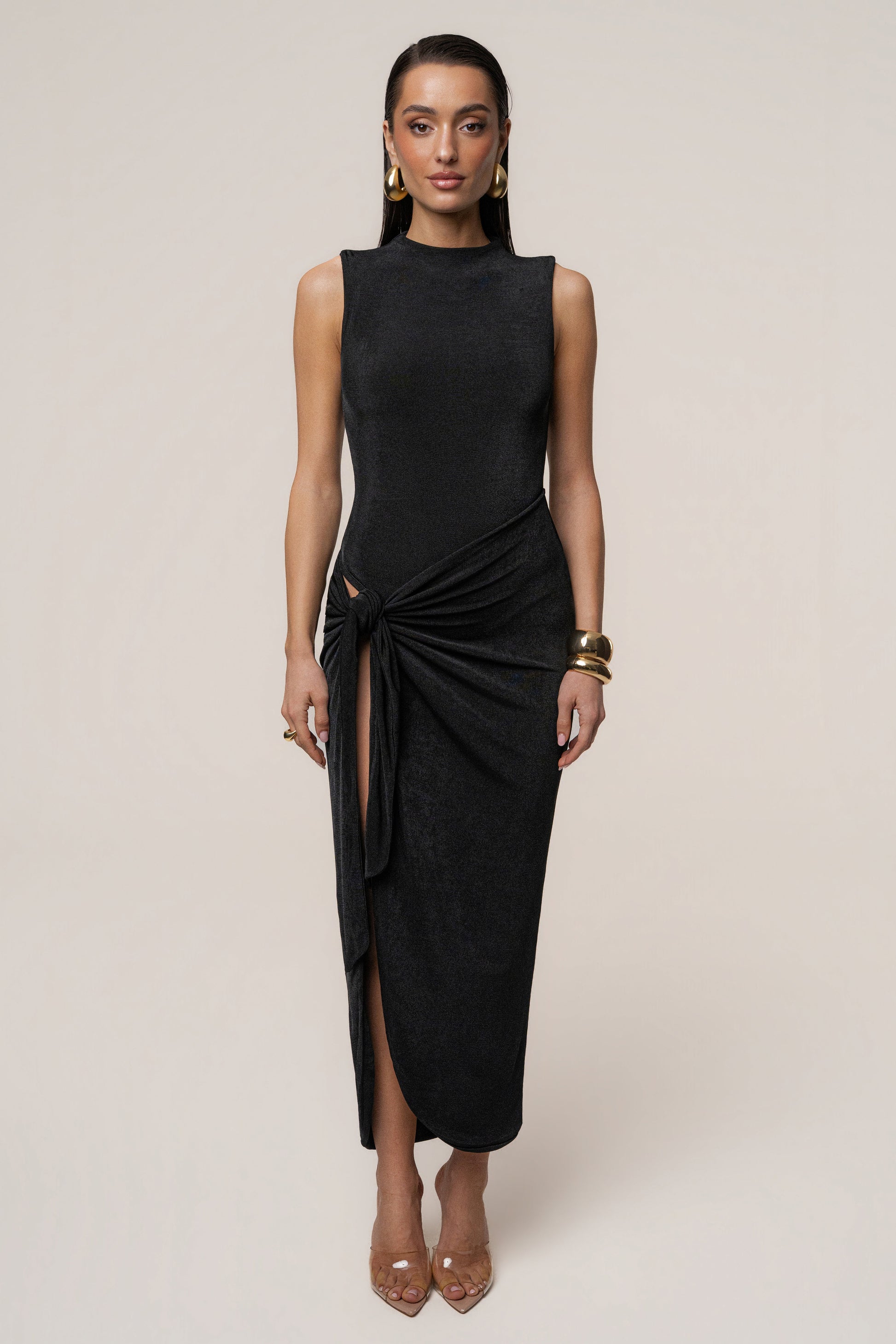 Aubree Satin Midi Dress in Black 2