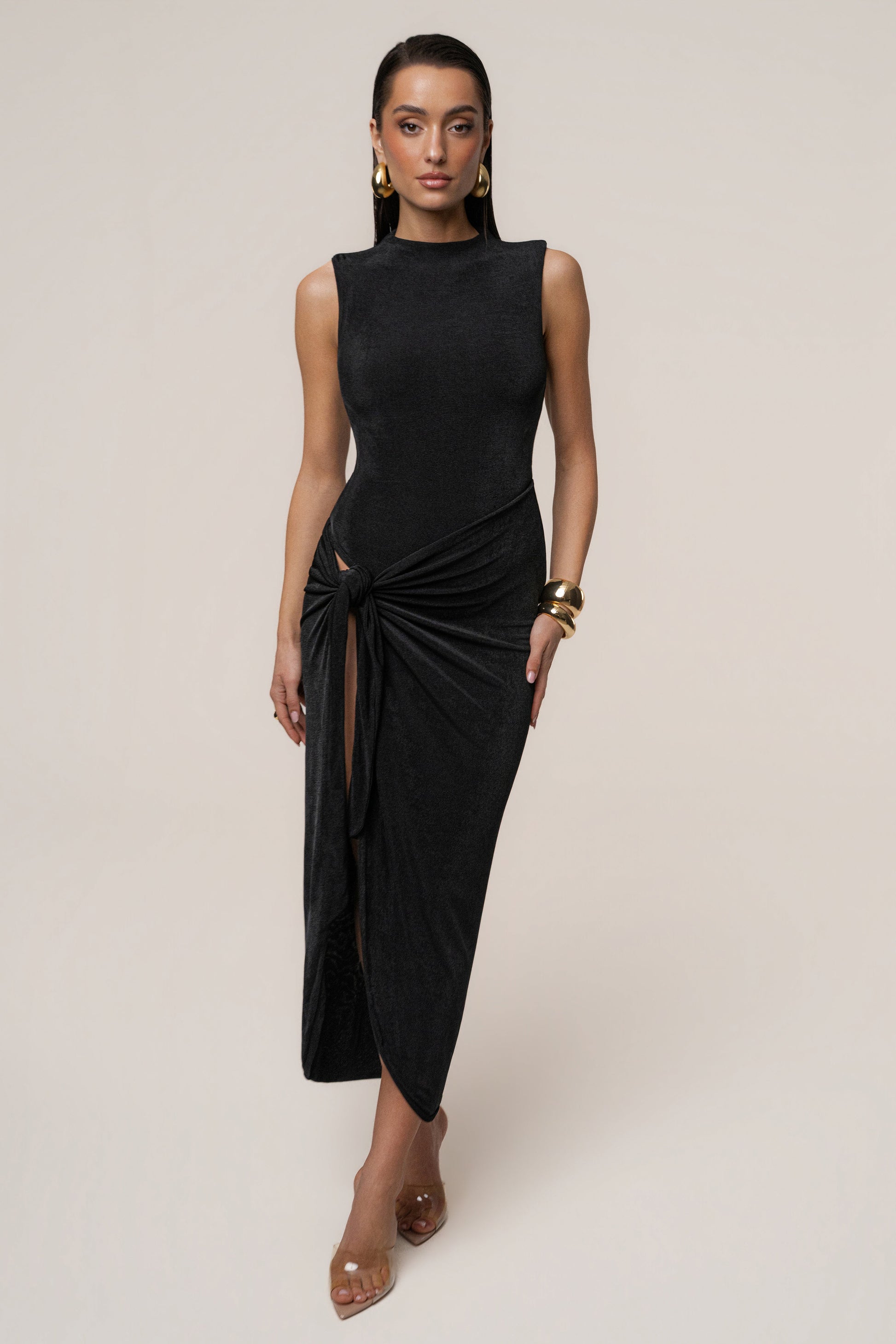 Aubree Satin Midi Dress in Black 8