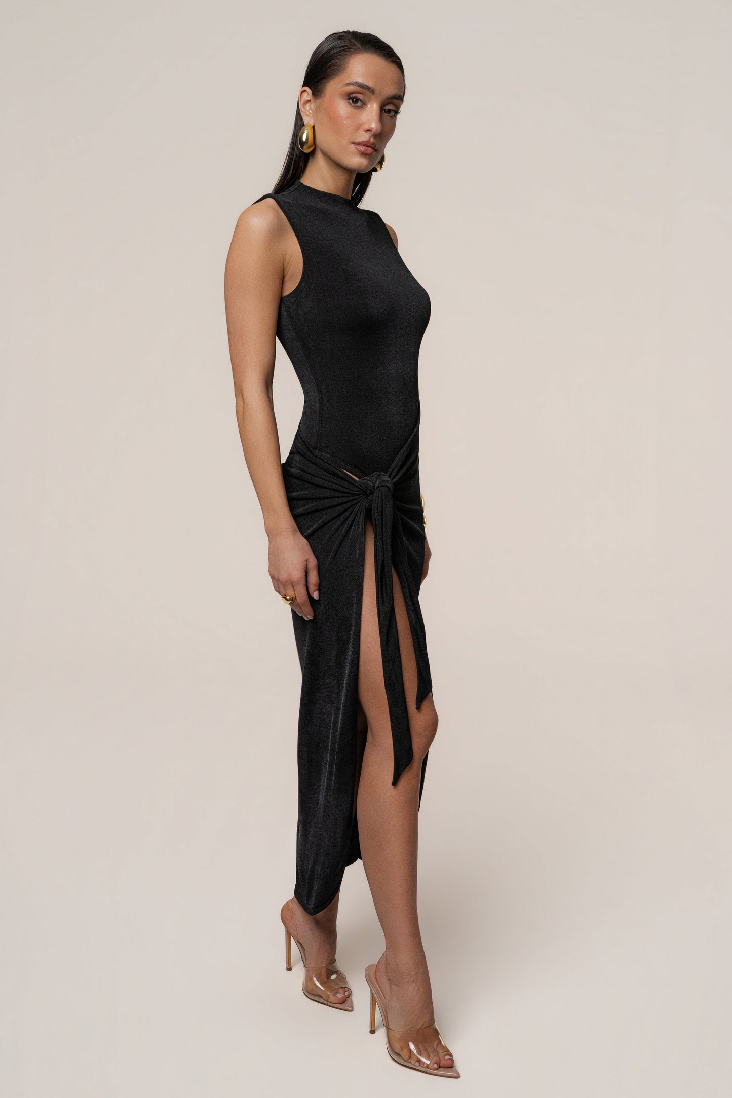Aubree Satin Midi Dress in Black 6