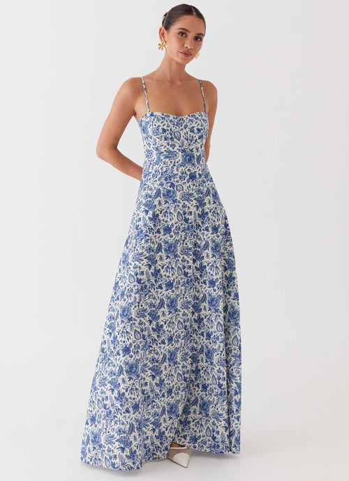 Angelina Linen Maxi Dress Blue Paisley 1
