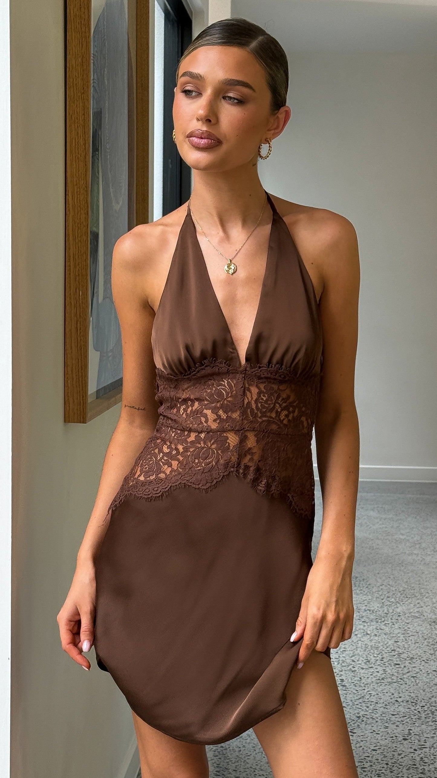 Kiana Silk Mini Dress in Wine Chocolate 6