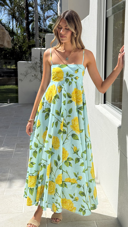 Kaethe Floral Maxi Dress Lemon/Aqua Floral 1