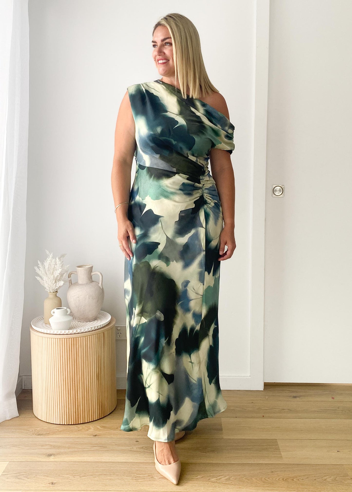 Flirtini One-Shoulder Maxi Dress Forest Abstract 2