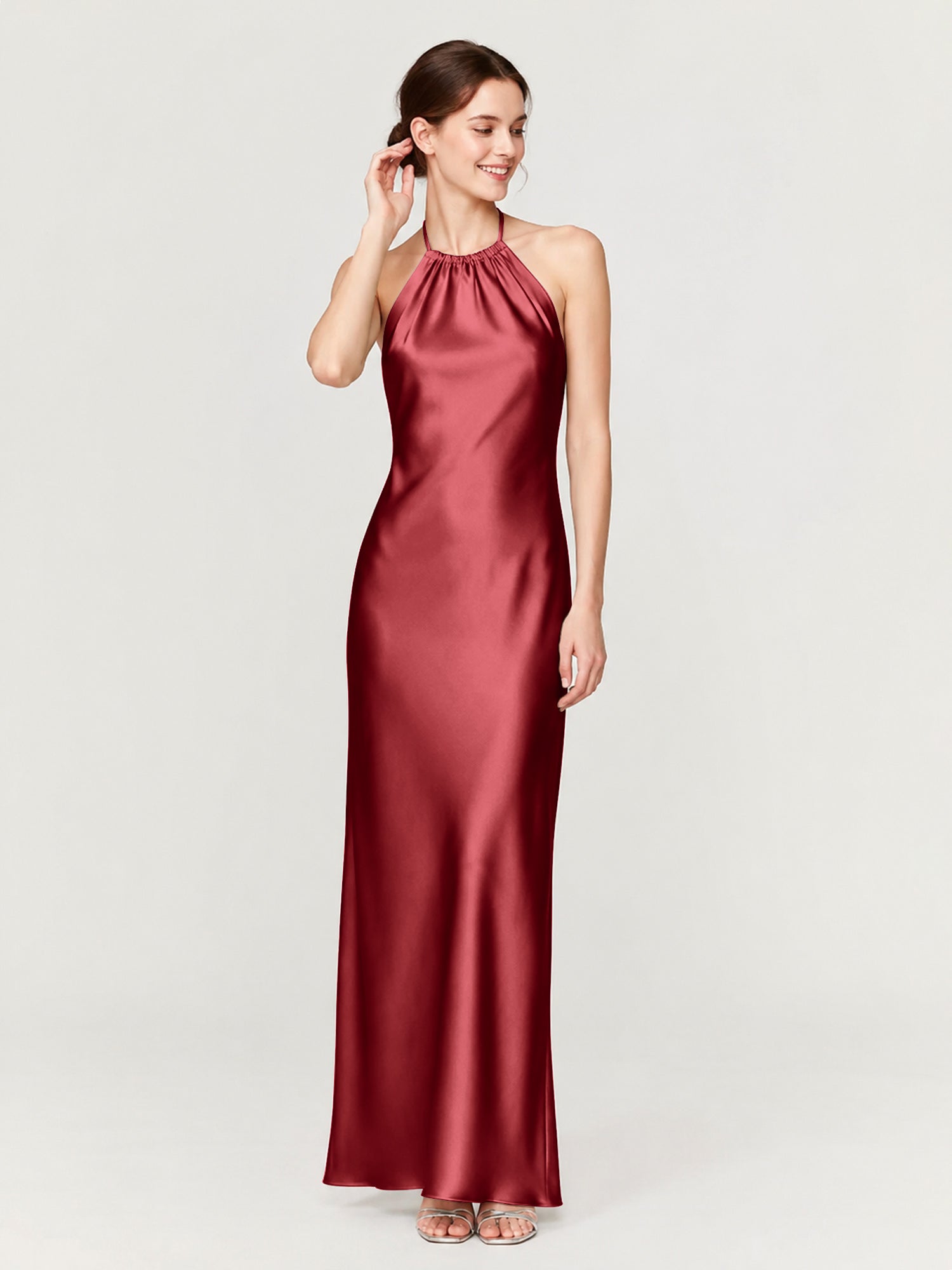 Margot Acetate Satin Halter Dress Cut Skirt Burgundy 1