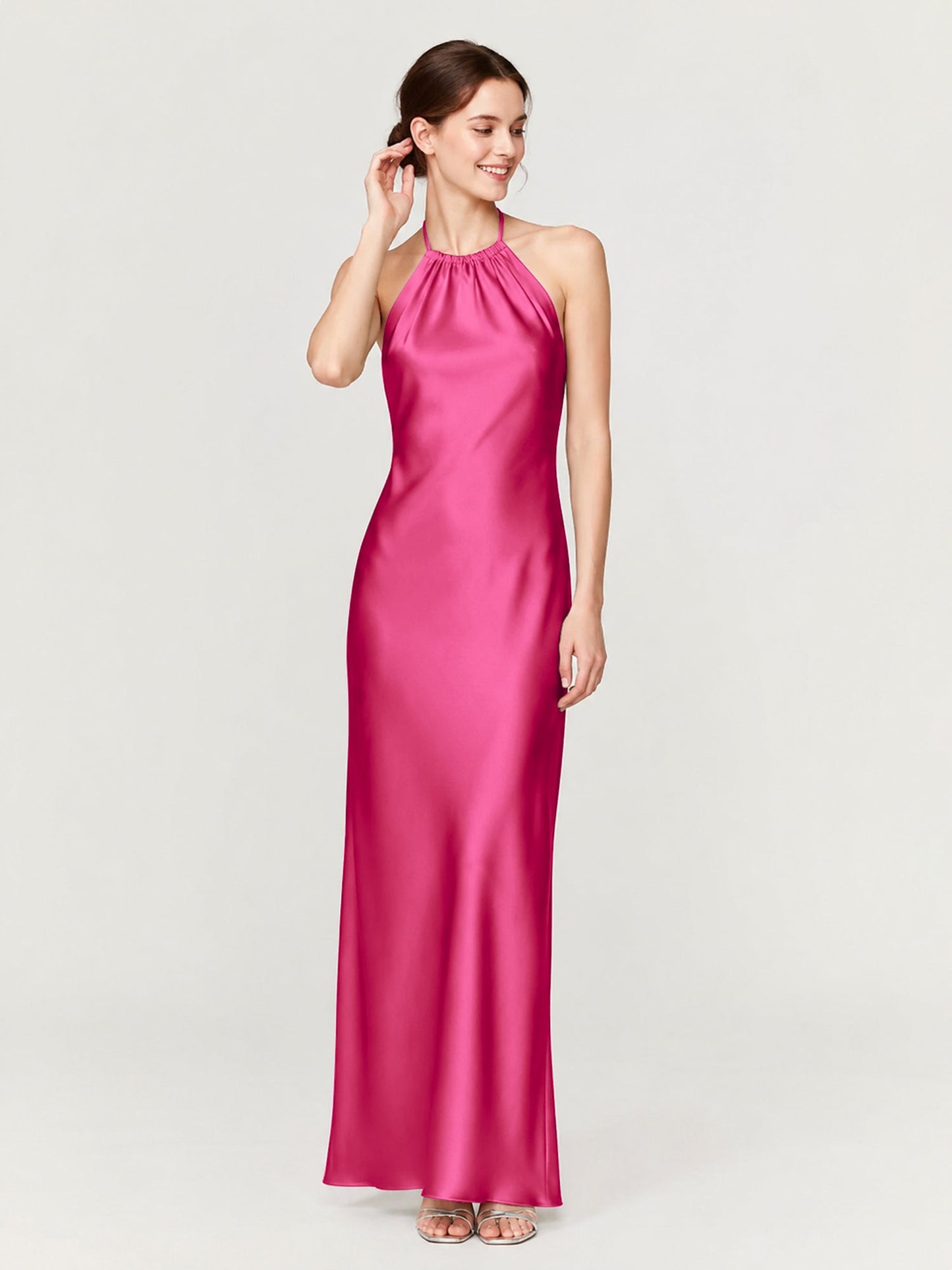 Margot Acetate Satin Halter Dress Cut Skirt Fuchsia 1