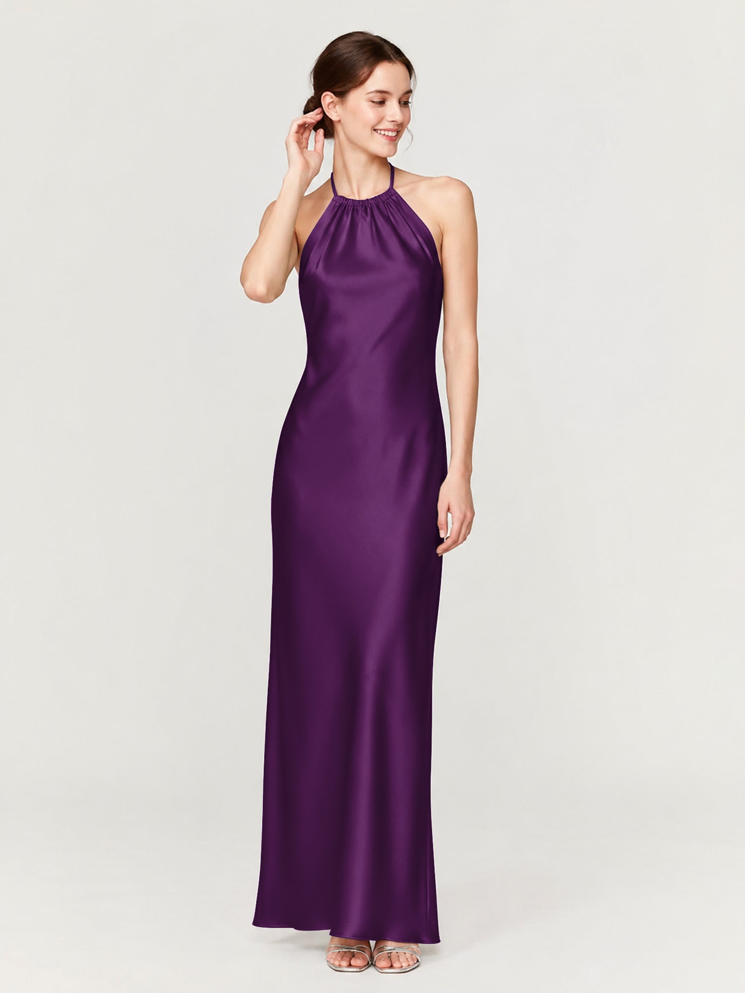Margot Acetate Satin Halter Dress Cut Skirt Grape 1