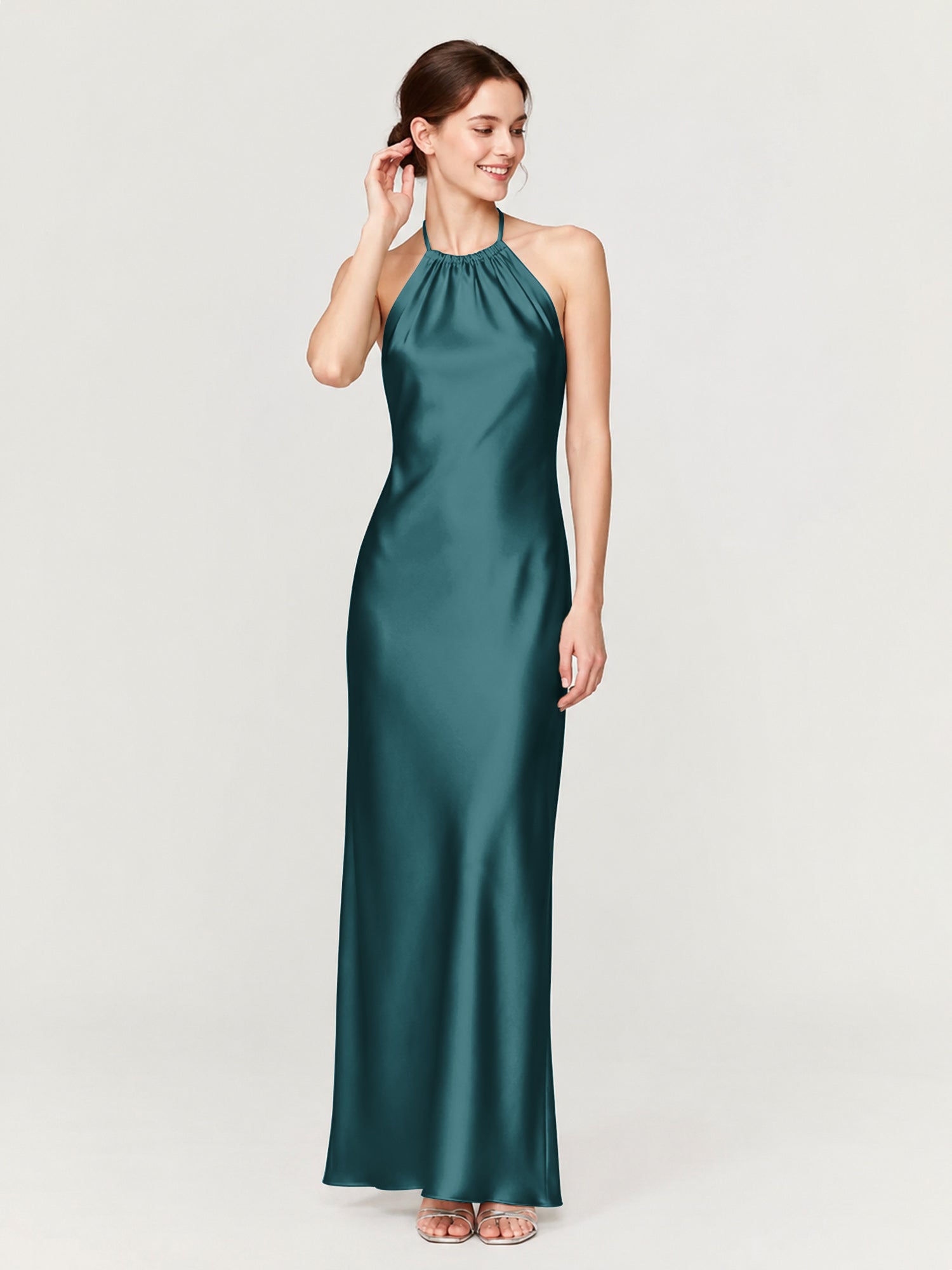 Margot Acetate Satin Halter Dress Cut Skirt Peacock 1