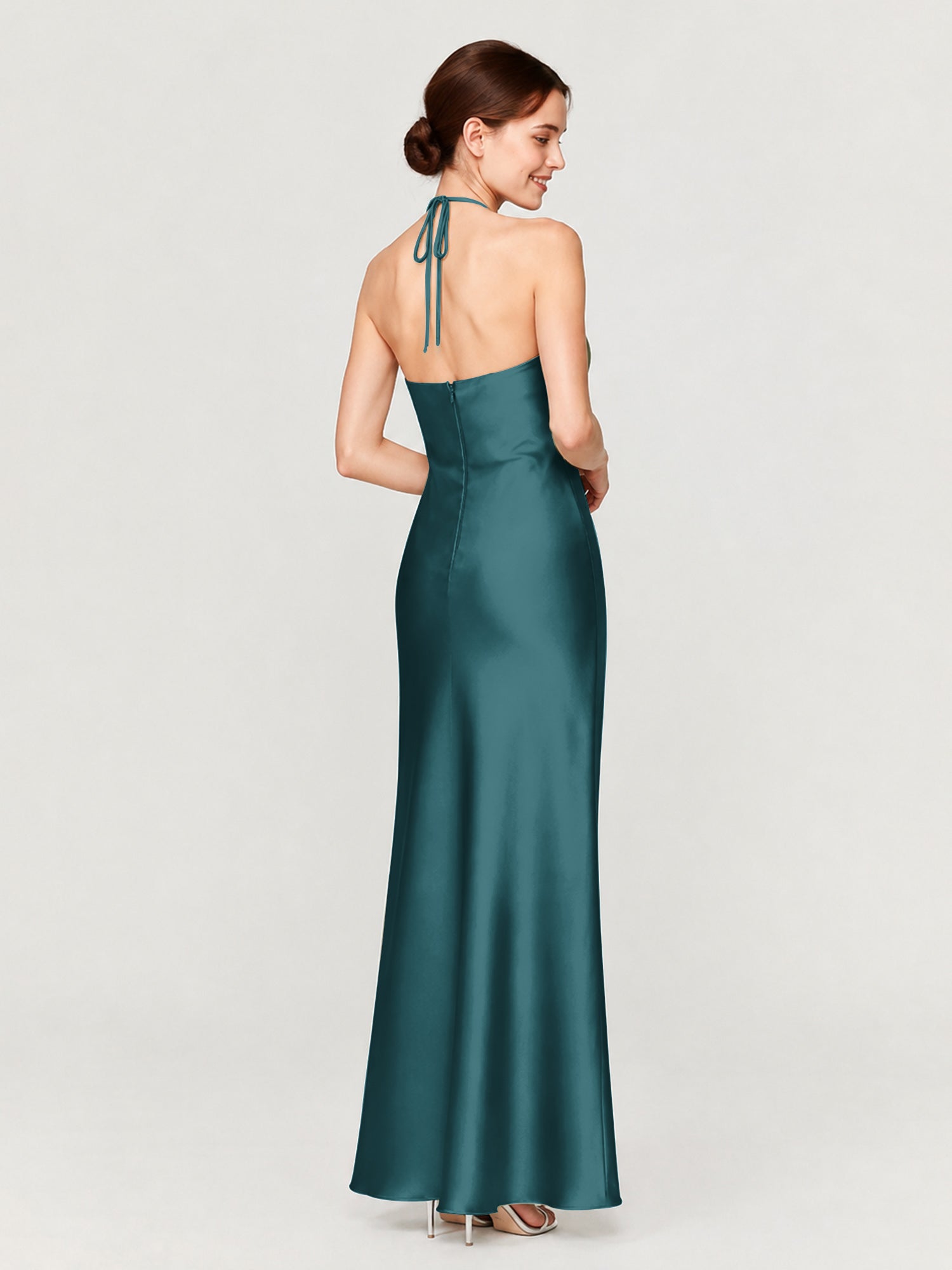 Margot Acetate Satin Halter Dress Cut Skirt Peacock 2
