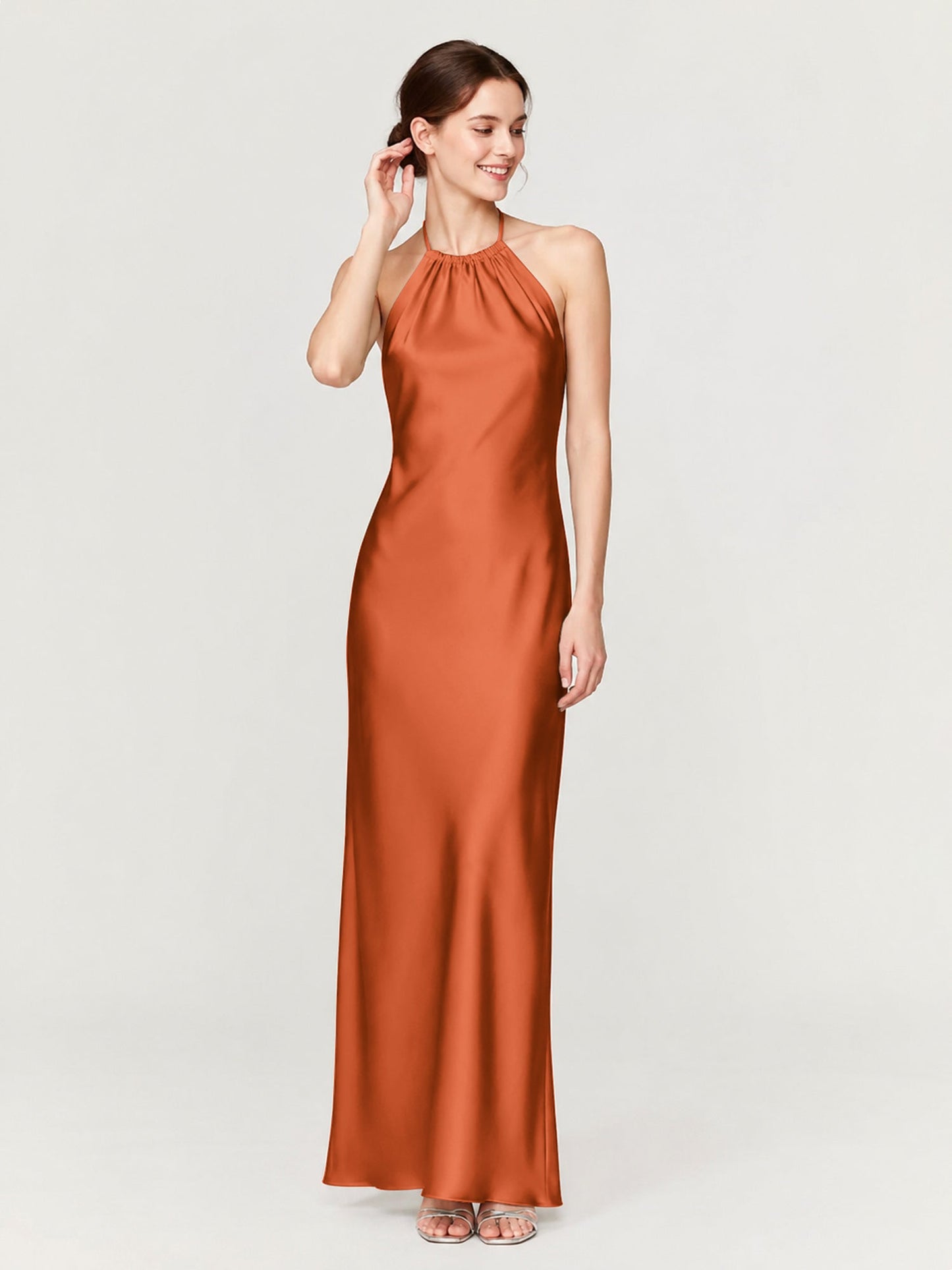 Margot Acetate Satin Halter Dress Cut Skirt Rust 1